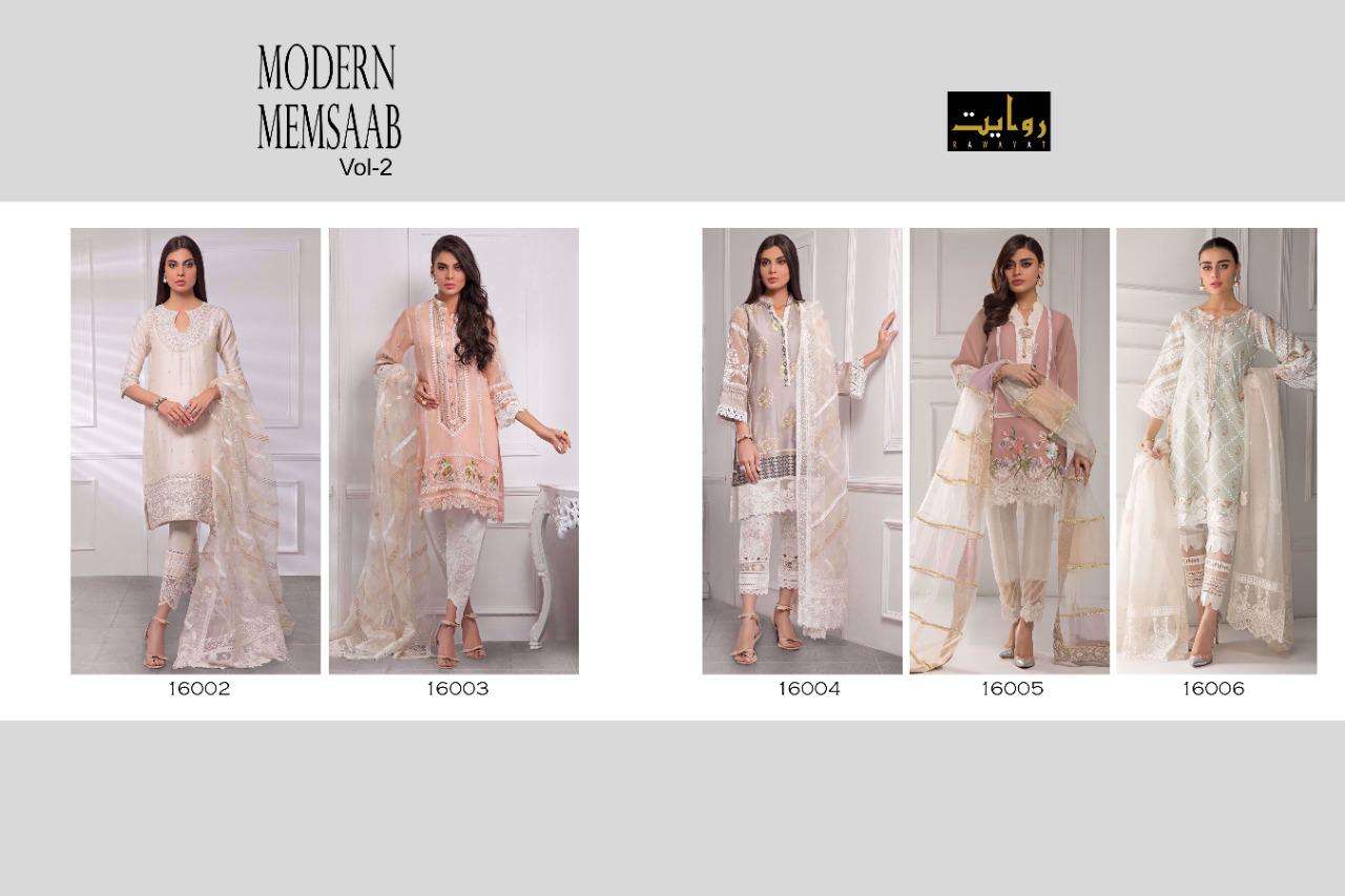 MODERN MEMSAAB VOL-2 BY RAWAYAT 16002 TO 16006 SERIES DESIGNER PAKISTANI SUITS COLLECTION BEAUTIFUL STYLISH FANCY COLORFUL PARTY WEAR & OCCASIONAL WEAR PURE JAM COTTON EMBROIDERED DRESSES AT WHOLESALE PRICE