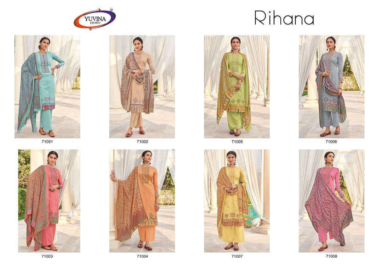 RIHANA BY YUVINA EXPORTS 71001 TO 71008 SERIES BEAUTIFUL SUITS COLORFUL STYLISH FANCY CASUAL WEAR & ETHNIC WEAR PURE JAM DRESSES AT WHOLESALE PRICE