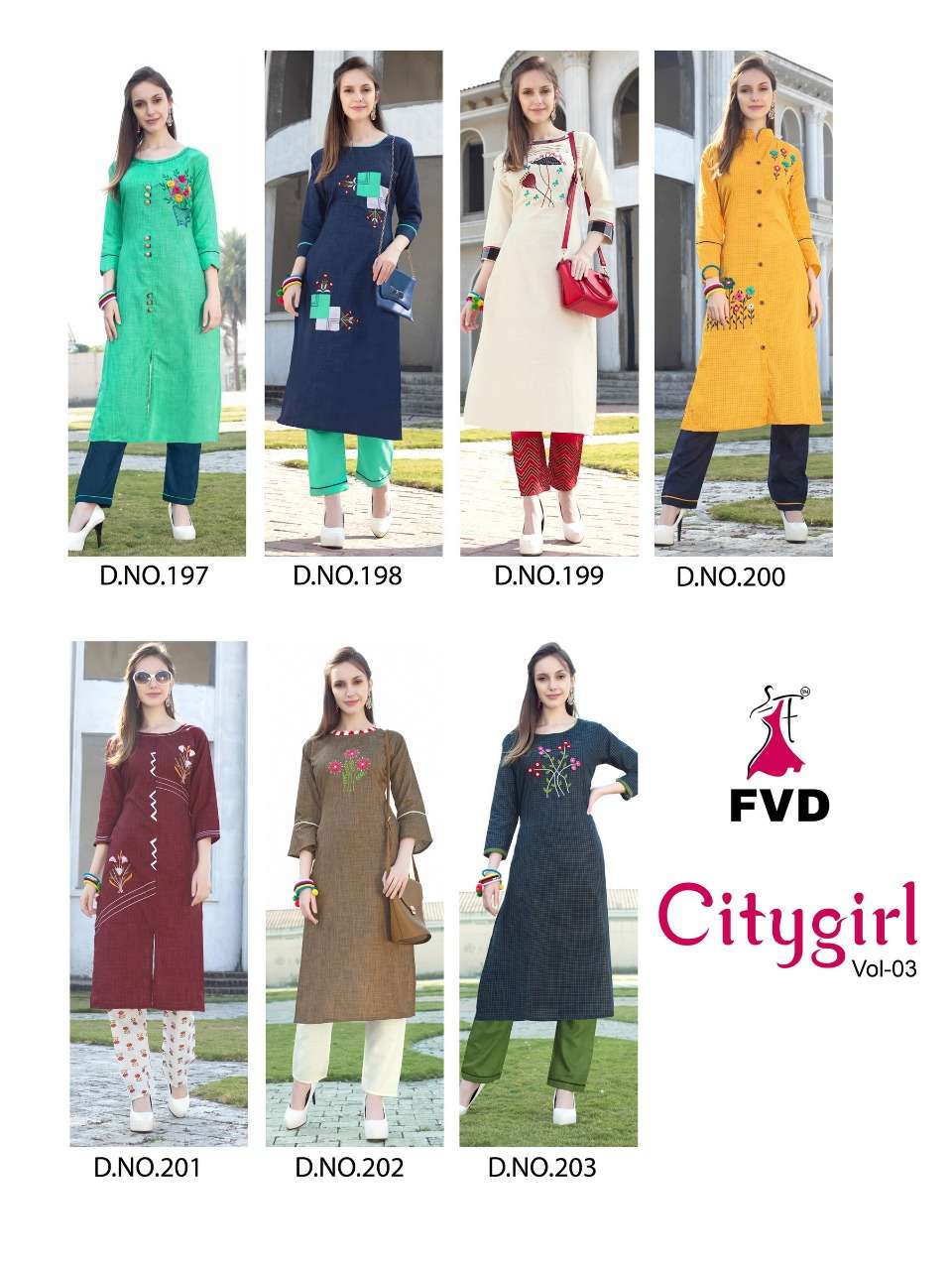 CITY GIRL VOL-3 BY FVD 197 TO 203 SERIES BEAUTIFUL COLORFUL STYLISH FANCY PARTY WEAR & ETHNIC WEAR & READY TO WEAR KHADI COTTON KURTIS WITH BOTTOM AT WHOLESALE PRICE
