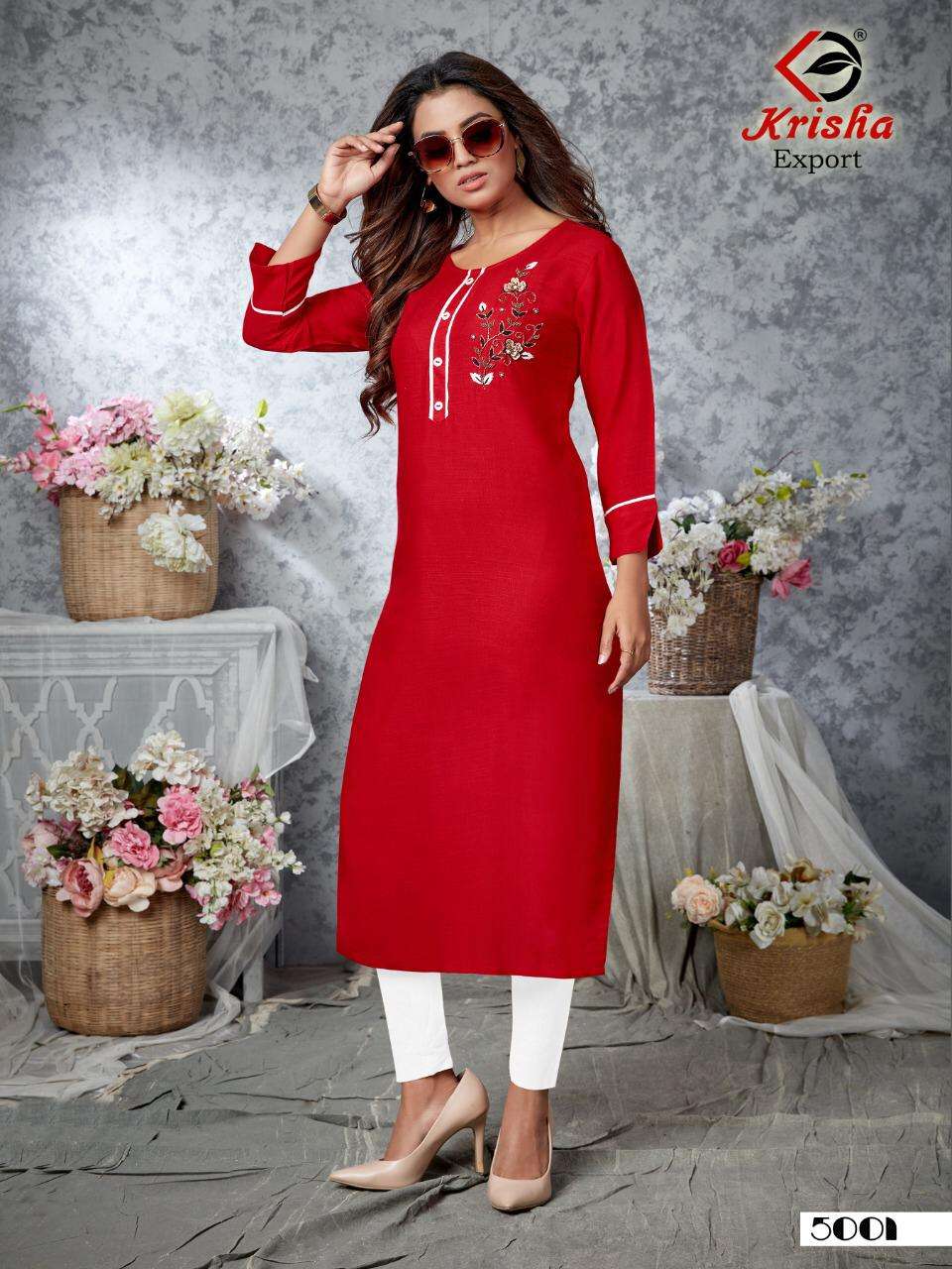FARZEEN BY KRISHA EXPORTS 5001 TO 5006 SERIES DESIGNER STYLISH FANCY COLORFUL BEAUTIFUL PARTY WEAR & ETHNIC WEAR COLLECTION RAYON SLUB WITH HANDWORK KURTIS AT WHOLESALE PRICE