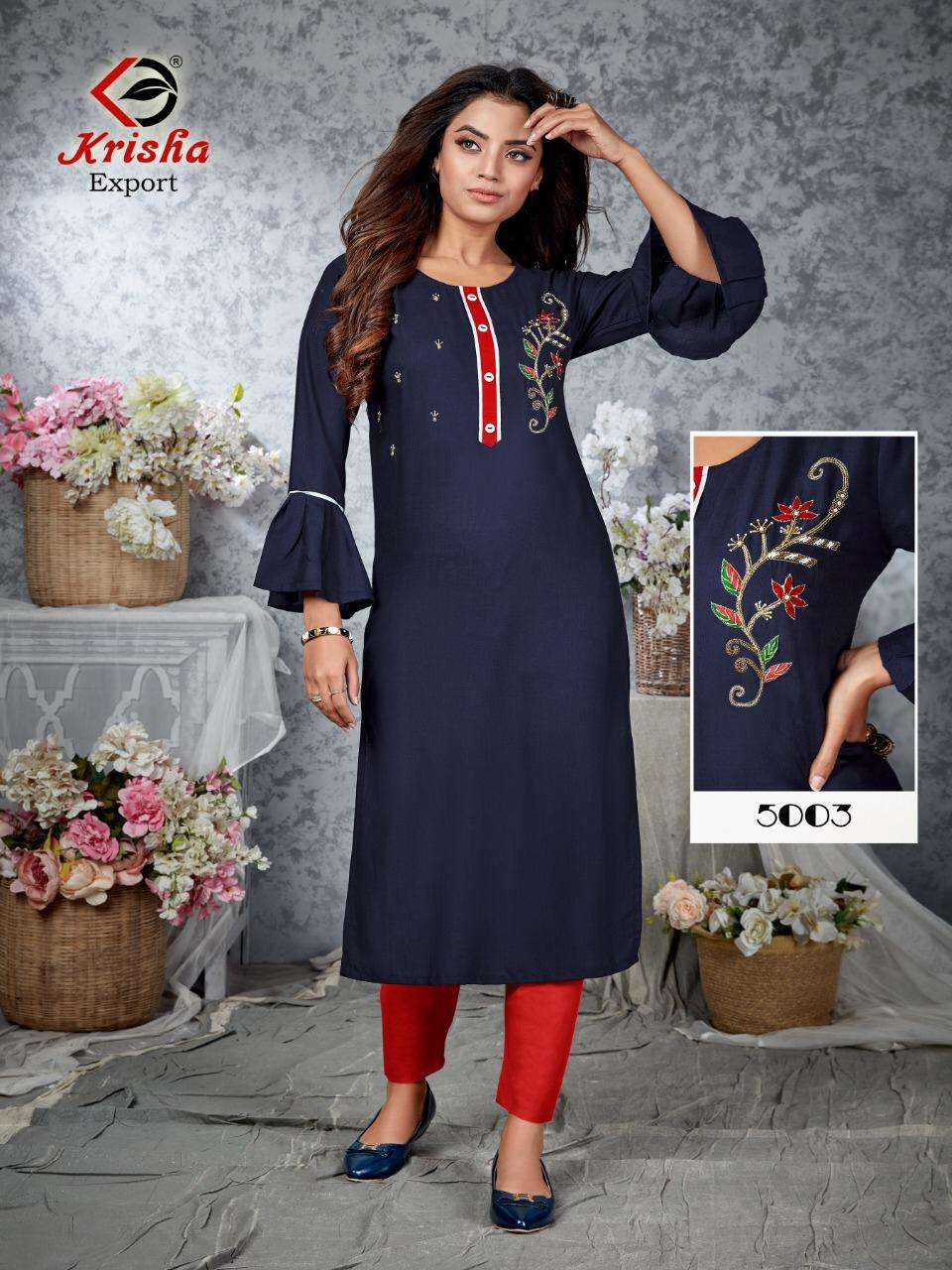 FARZEEN BY KRISHA EXPORTS 5001 TO 5006 SERIES DESIGNER STYLISH FANCY COLORFUL BEAUTIFUL PARTY WEAR & ETHNIC WEAR COLLECTION RAYON SLUB WITH HANDWORK KURTIS AT WHOLESALE PRICE