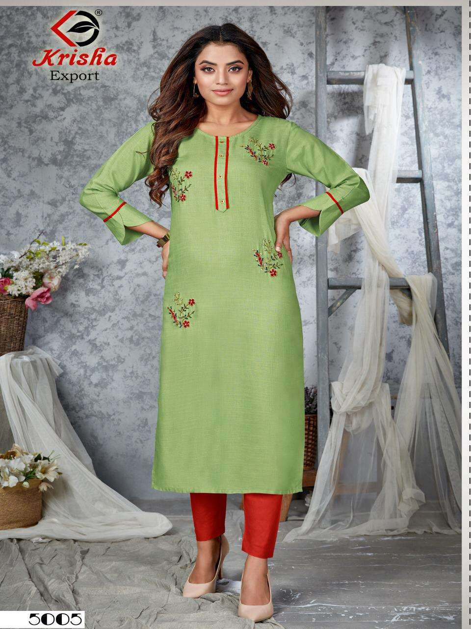 FARZEEN BY KRISHA EXPORTS 5001 TO 5006 SERIES DESIGNER STYLISH FANCY COLORFUL BEAUTIFUL PARTY WEAR & ETHNIC WEAR COLLECTION RAYON SLUB WITH HANDWORK KURTIS AT WHOLESALE PRICE