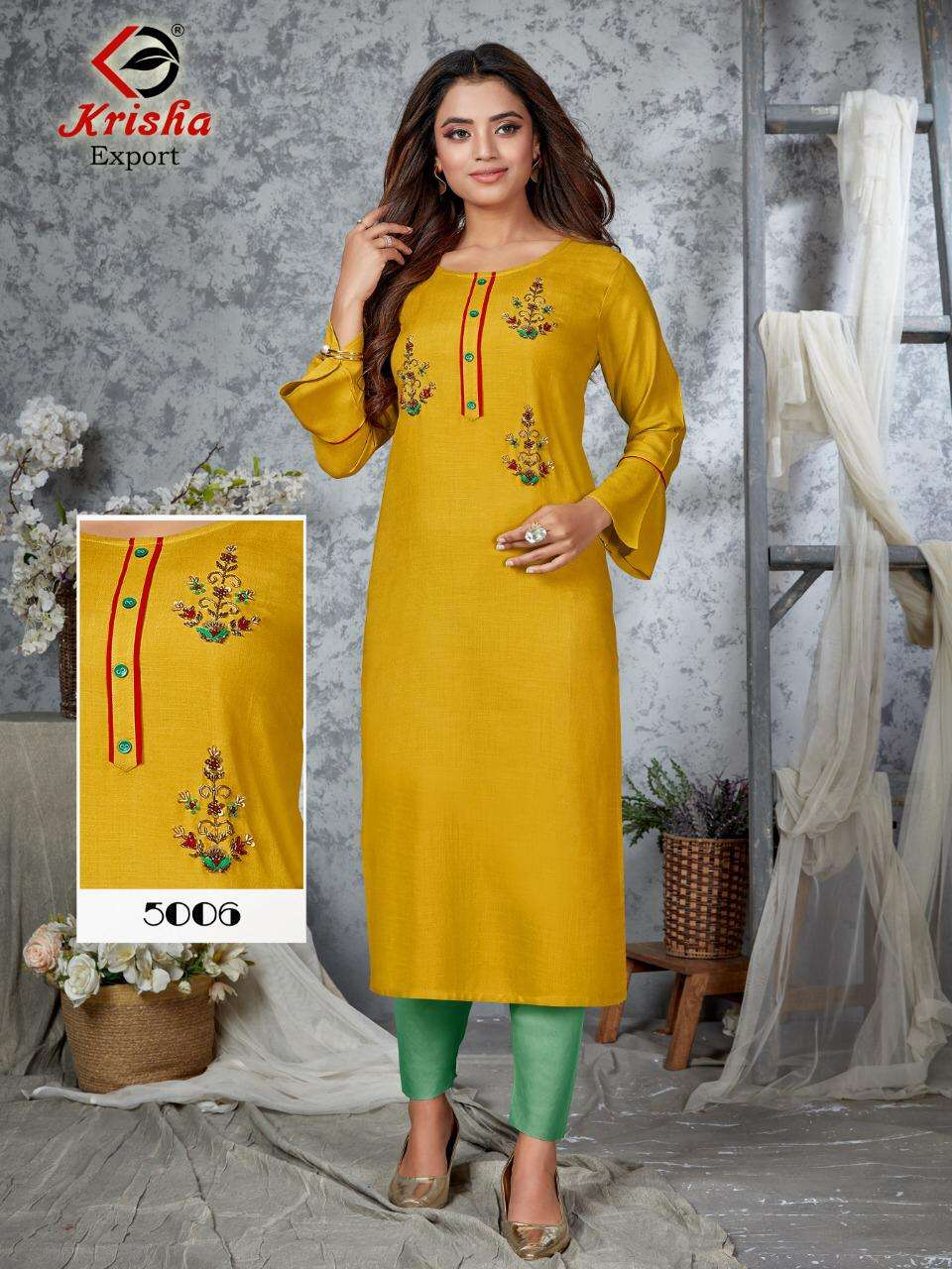 FARZEEN BY KRISHA EXPORTS 5001 TO 5006 SERIES DESIGNER STYLISH FANCY COLORFUL BEAUTIFUL PARTY WEAR & ETHNIC WEAR COLLECTION RAYON SLUB WITH HANDWORK KURTIS AT WHOLESALE PRICE