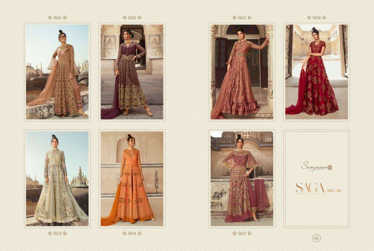 SAGA VOL-6 BY SAMPANN NX 5601 TO 5607 SERIES BEAUTIFUL STYLISH ANARKALI SUITS FANCY COLORFUL CASUAL WEAR & ETHNIC WEAR & READY TO WEAR FANCY DRESSES AT WHOLESALE PRICE