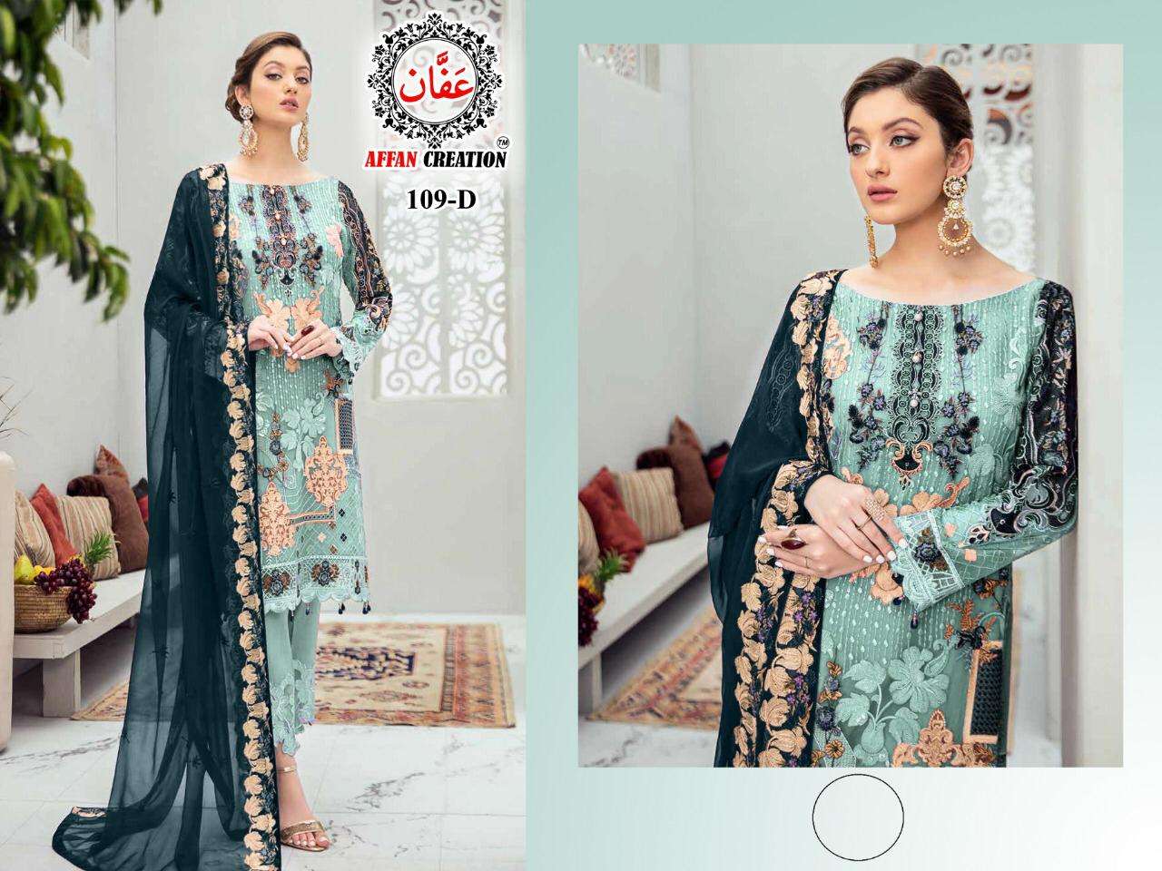 AFFAN CREATION 109 COLOURS BY AFFAN CREATION 109 TO 109-D SERIES BEAUTIFUL PAKISTANI SUITS COLORFUL STYLISH FANCY CASUAL WEAR & ETHNIC WEAR FAUX GEORGETTE WITH EMBROIDERY DRESSES AT WHOLESALE PRICE