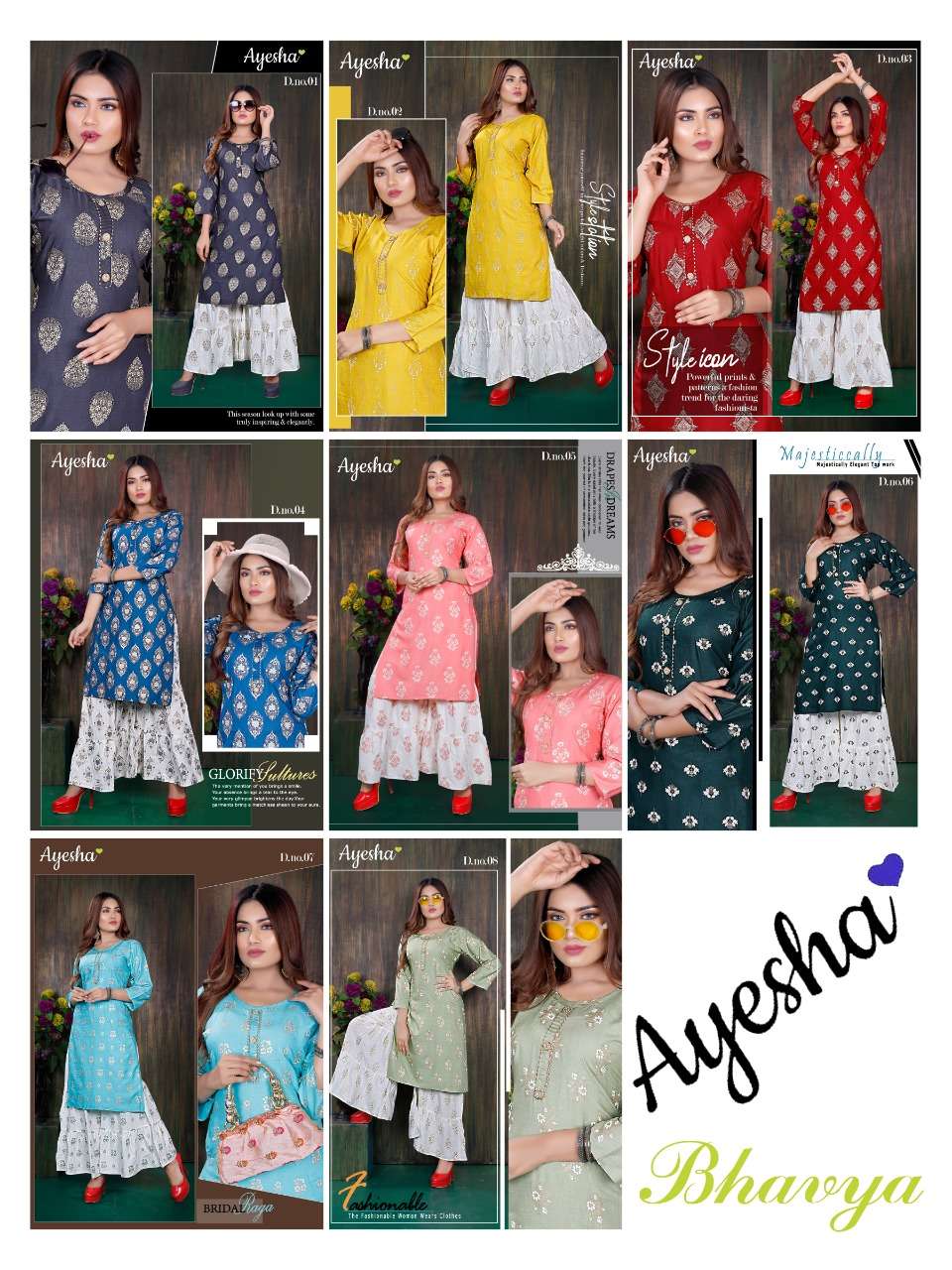 BHAVYA BY AYESHA 01 TO 08 SERIES DESIGNER STYLISH FANCY COLORFUL BEAUTIFUL PARTY WEAR & ETHNIC WEAR COLLECTION RAYON SLUB PRINT KURTIS WITH BOTTOM AT WHOLESALE PRICE