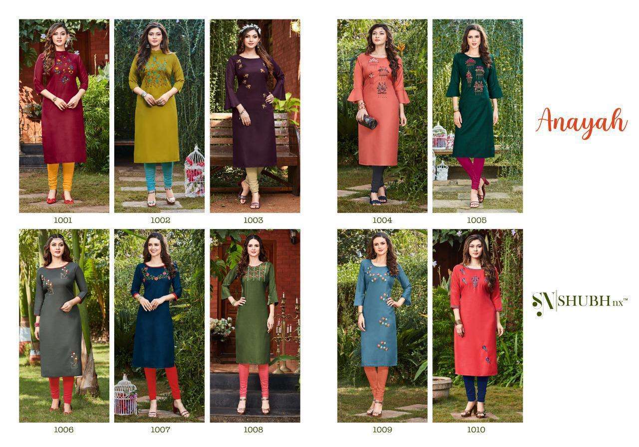 ANAYAH BY SHUBH NX 1001 TO 1010 SERIES DESIGNER STYLISH FANCY COLORFUL BEAUTIFUL PARTY WEAR & ETHNIC WEAR COLLECTION RAYON SLUB EMBROIDERY KURTIS AT WHOLESALE PRICE