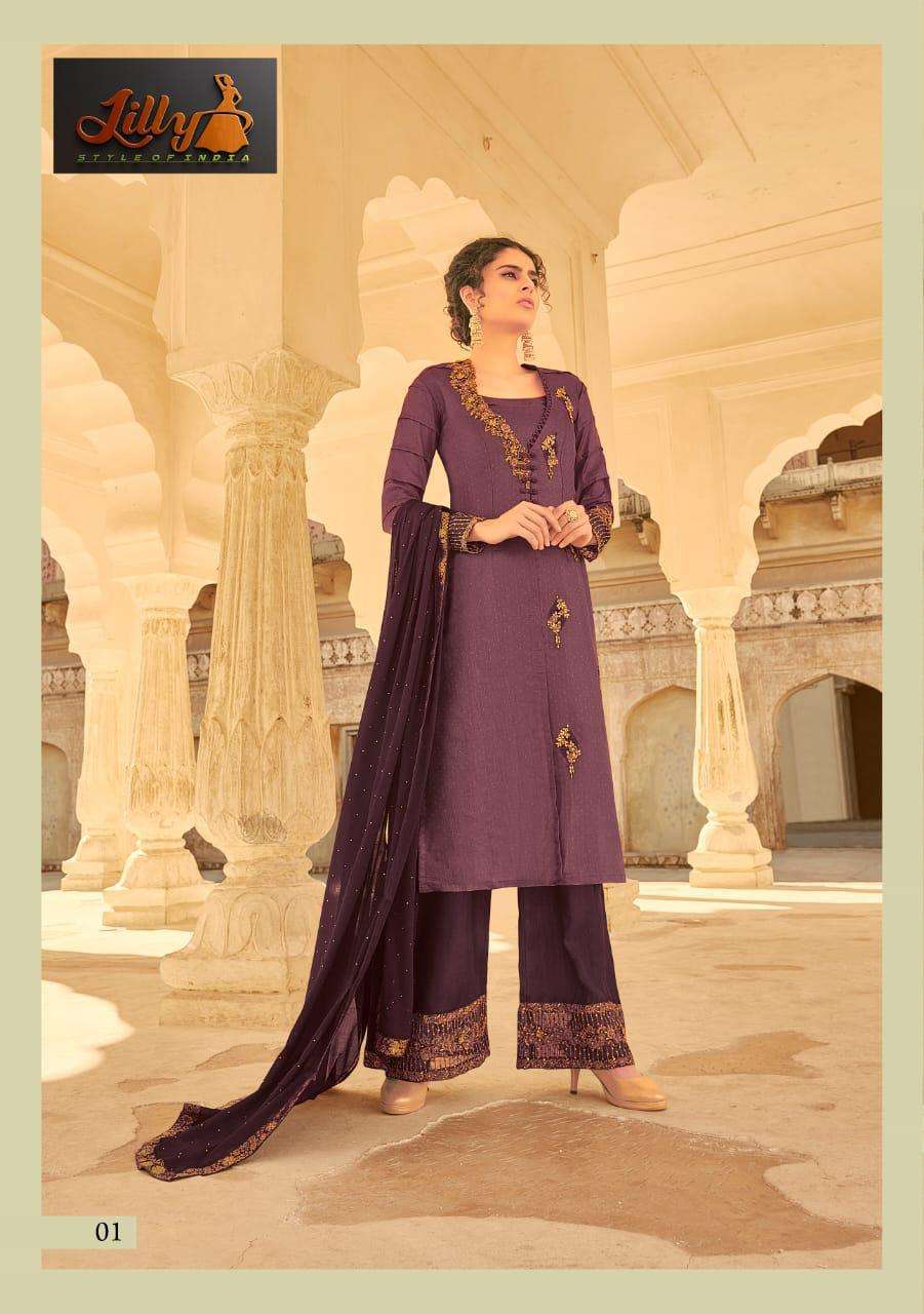 SAMPANN BY LILLY 01 TO 06 SERIES BEAUTIFUL SUITS COLORFUL STYLISH FANCY CASUAL WEAR & ETHNIC WEAR TUSSAR MUSLIN WITH STONE WORK DRESSES AT WHOLESALE PRICE