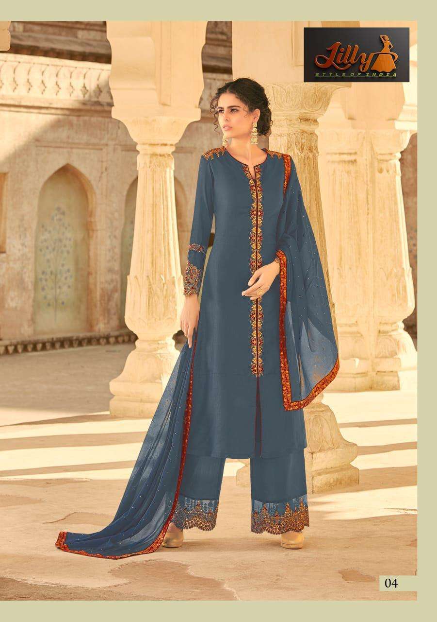 SAMPANN BY LILLY 01 TO 06 SERIES BEAUTIFUL SUITS COLORFUL STYLISH FANCY CASUAL WEAR & ETHNIC WEAR TUSSAR MUSLIN WITH STONE WORK DRESSES AT WHOLESALE PRICE