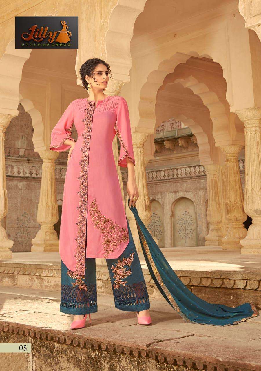 SAMPANN BY LILLY 01 TO 06 SERIES BEAUTIFUL SUITS COLORFUL STYLISH FANCY CASUAL WEAR & ETHNIC WEAR TUSSAR MUSLIN WITH STONE WORK DRESSES AT WHOLESALE PRICE