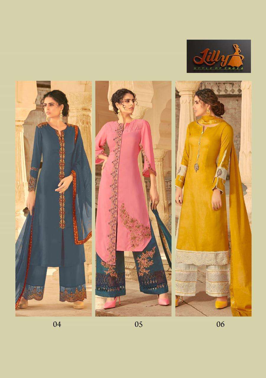 SAMPANN BY LILLY 01 TO 06 SERIES BEAUTIFUL SUITS COLORFUL STYLISH FANCY CASUAL WEAR & ETHNIC WEAR TUSSAR MUSLIN WITH STONE WORK DRESSES AT WHOLESALE PRICE