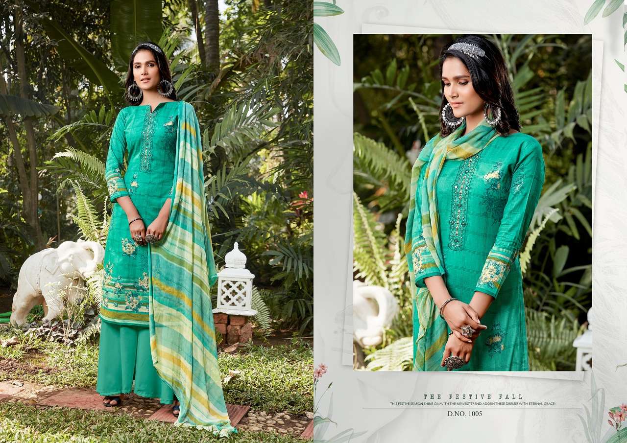 RAAZI BY KESARIYA 1001 TO 1008 SERIES BEAUTIFUL SUITS COLORFUL STYLISH FANCY CASUAL WEAR & ETHNIC WEAR PURE CAMBRIC DIGITAL PRINT WITH EMBROIDERY WORK DRESSES AT WHOLESALE PRICE