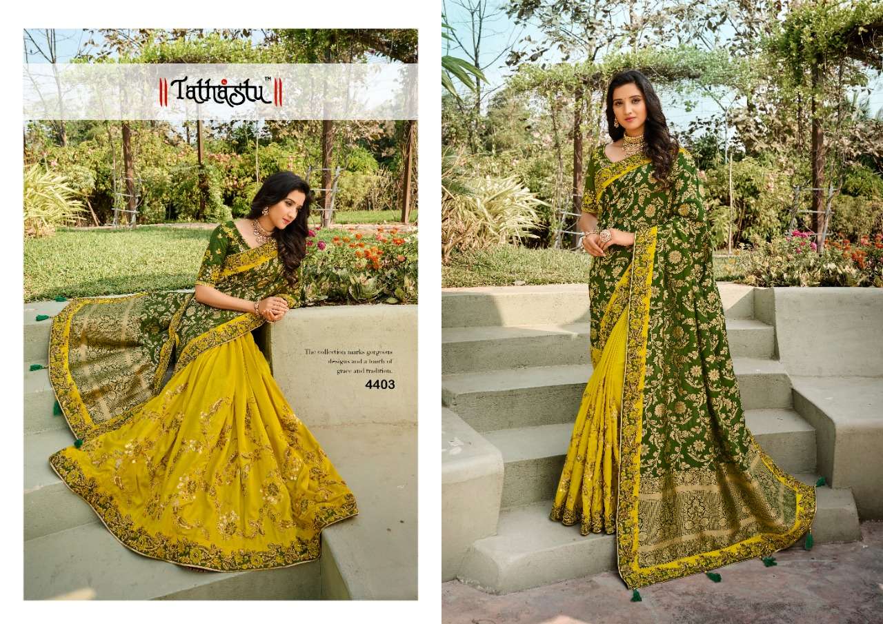 TATHASTU 4400 SERIES BY TATHASTU 4401 TO 4410 SERIES DESIGNER BEAUTIFUL NAVRATRI COLLECTION OCCASIONAL WEAR & PARTY WEAR SILK EMBROIDERED SAREES AT WHOLESALE PRICE