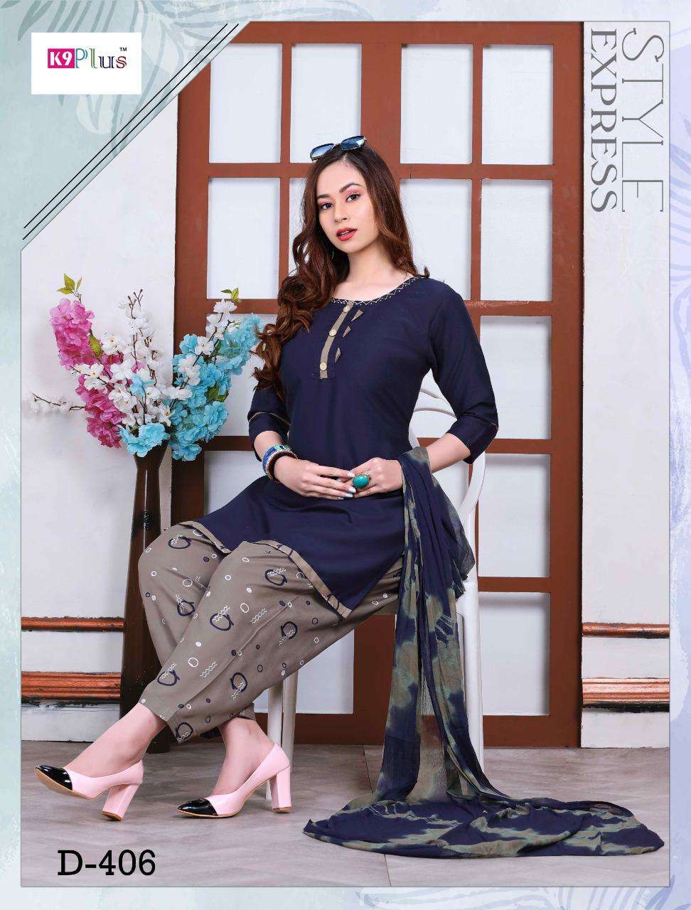 PRATIGYA VOL-8 BY K9 PLUS 401 TO 408 SERIES BEAUTIFUL STYLISH PATIYALA SUITS FANCY COLORFUL CASUAL WEAR & ETHNIC WEAR & READY TO WEAR RAYON PLAIN SILAI WORK DRESSES AT WHOLESALE PRICE