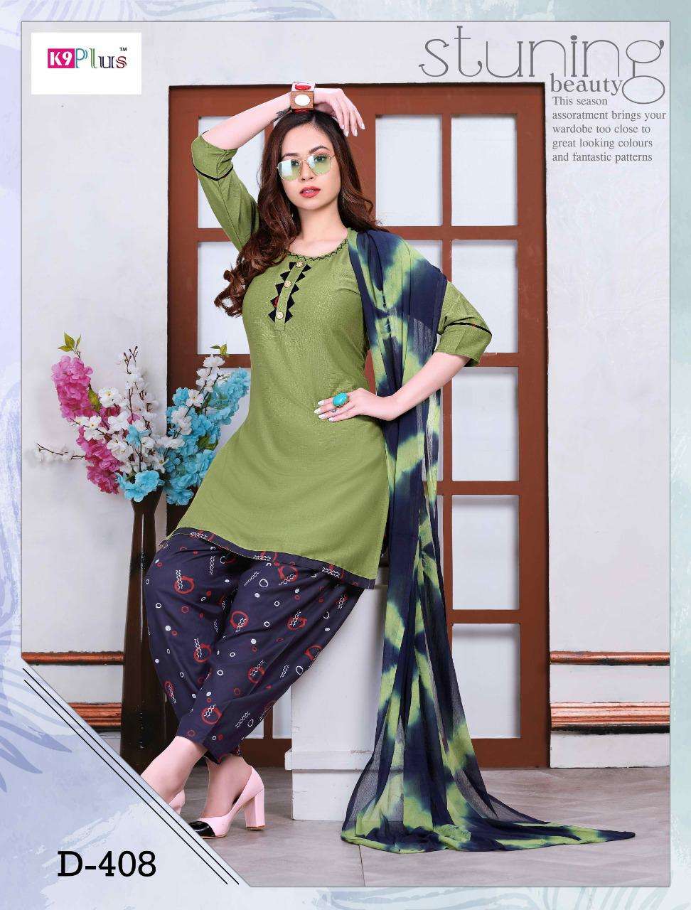 PRATIGYA VOL-8 BY K9 PLUS 401 TO 408 SERIES BEAUTIFUL STYLISH PATIYALA SUITS FANCY COLORFUL CASUAL WEAR & ETHNIC WEAR & READY TO WEAR RAYON PLAIN SILAI WORK DRESSES AT WHOLESALE PRICE