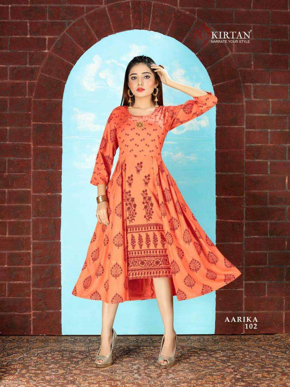 AARIKA BY KIRTAN 101 TO 108 SERIES DESIGNER STYLISH FANCY COLORFUL BEAUTIFUL PARTY WEAR & ETHNIC WEAR COLLECTION RAYON PRINT KURTIS AT WHOLESALE PRICE