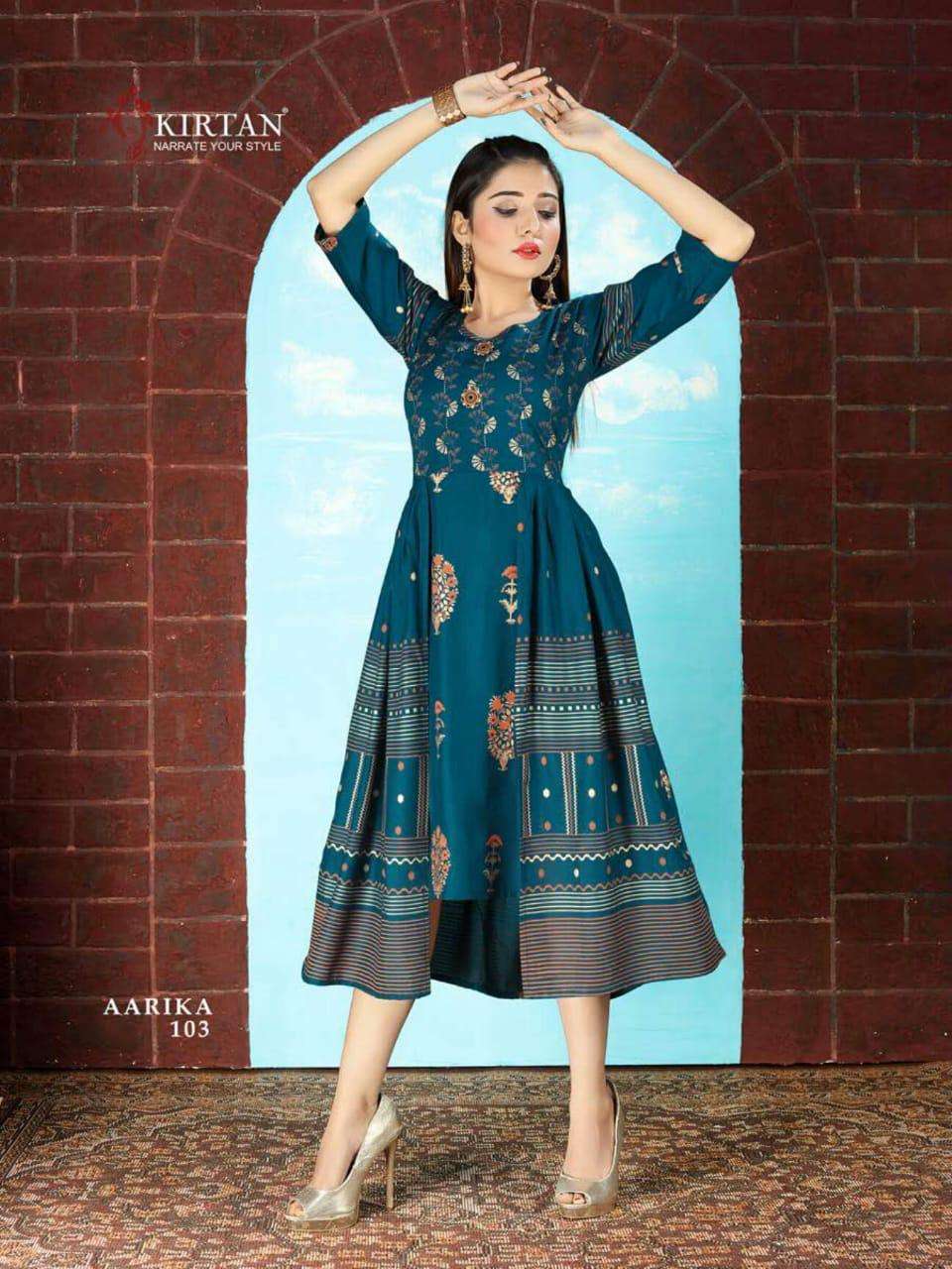 AARIKA BY KIRTAN 101 TO 108 SERIES DESIGNER STYLISH FANCY COLORFUL BEAUTIFUL PARTY WEAR & ETHNIC WEAR COLLECTION RAYON PRINT KURTIS AT WHOLESALE PRICE