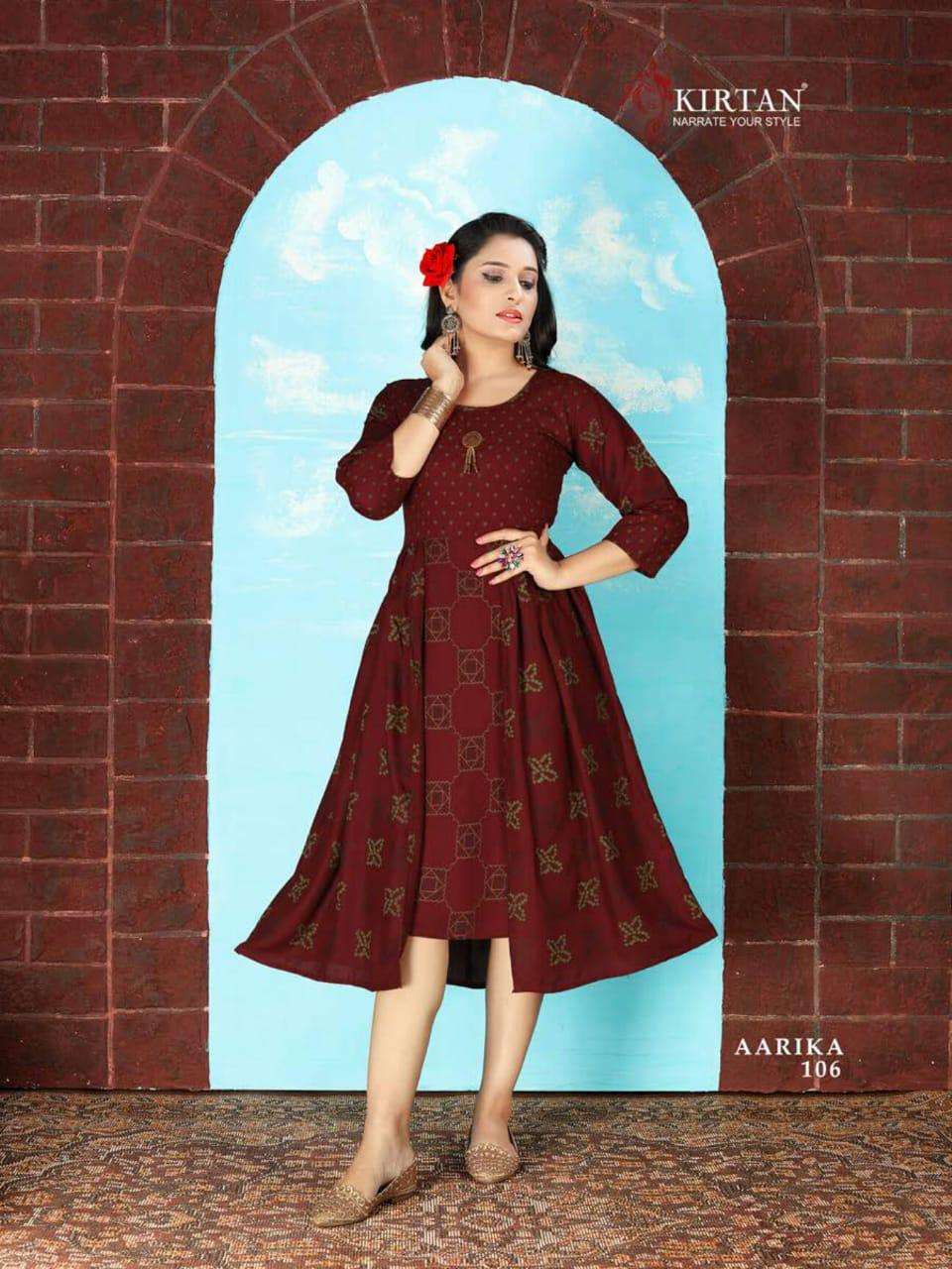 AARIKA BY KIRTAN 101 TO 108 SERIES DESIGNER STYLISH FANCY COLORFUL BEAUTIFUL PARTY WEAR & ETHNIC WEAR COLLECTION RAYON PRINT KURTIS AT WHOLESALE PRICE