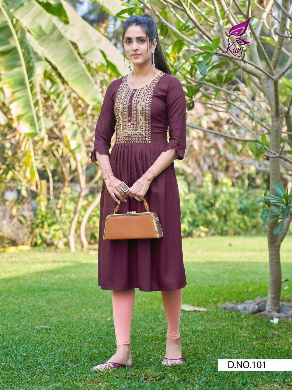 PIXCEL VOL-1 BY KUNJ 101 TO 108 SERIES DESIGNER STYLISH FANCY COLORFUL BEAUTIFUL PARTY WEAR & ETHNIC WEAR COLLECTION RAYON SEQUENCE WORK KURTIS AT WHOLESALE PRICE
