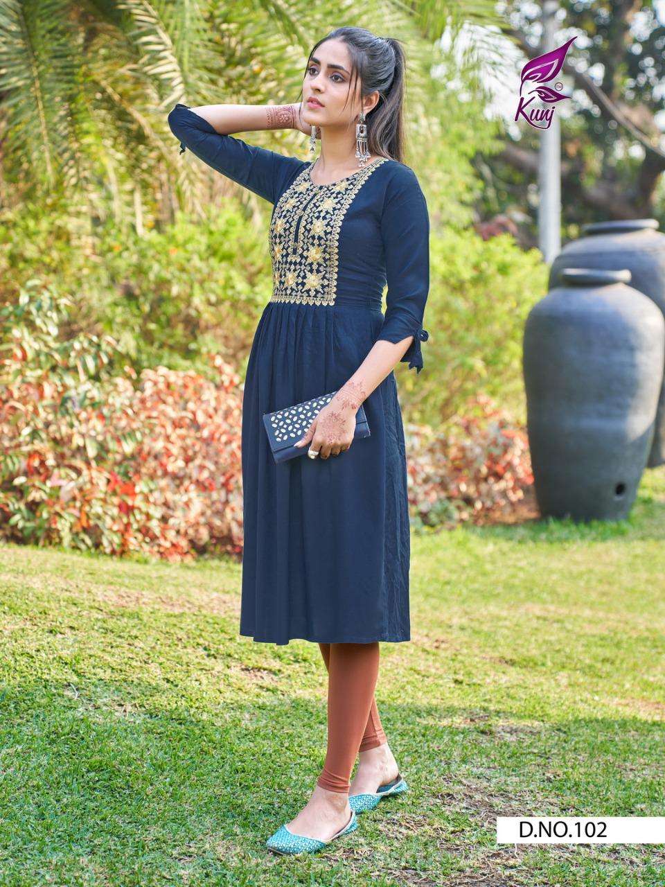 PIXCEL VOL-1 BY KUNJ 101 TO 108 SERIES DESIGNER STYLISH FANCY COLORFUL BEAUTIFUL PARTY WEAR & ETHNIC WEAR COLLECTION RAYON SEQUENCE WORK KURTIS AT WHOLESALE PRICE