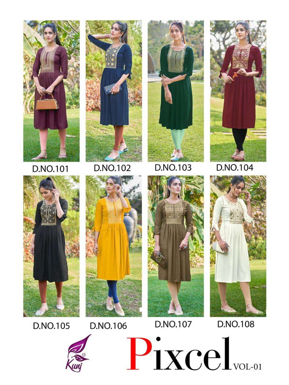 PIXCEL VOL-1 BY KUNJ 101 TO 108 SERIES DESIGNER STYLISH FANCY COLORFUL BEAUTIFUL PARTY WEAR & ETHNIC WEAR COLLECTION RAYON SEQUENCE WORK KURTIS AT WHOLESALE PRICE