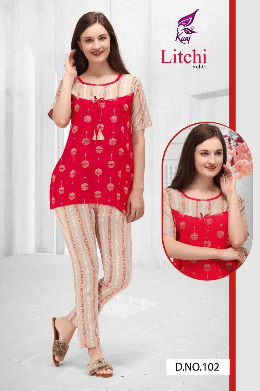 LITCHI VOL-1 BY KUNJ 101 TO 108 SERIES DESIGNER STYLISH FANCY COLORFUL BEAUTIFUL PARTY WEAR & ETHNIC WEAR COLLECTION RAYON PRINT TOPS WITH BOTTOM AT WHOLESALE PRICE