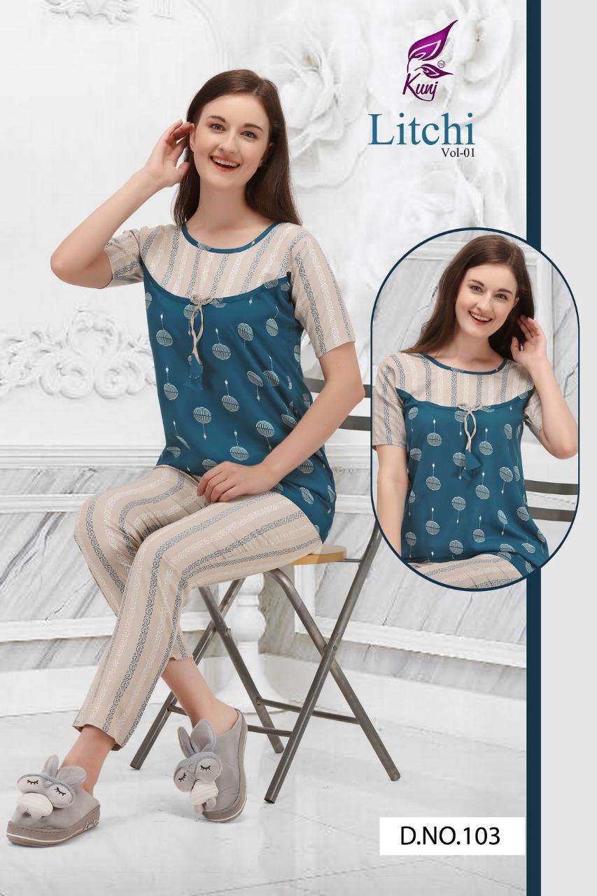 LITCHI VOL-1 BY KUNJ 101 TO 108 SERIES DESIGNER STYLISH FANCY COLORFUL BEAUTIFUL PARTY WEAR & ETHNIC WEAR COLLECTION RAYON PRINT TOPS WITH BOTTOM AT WHOLESALE PRICE