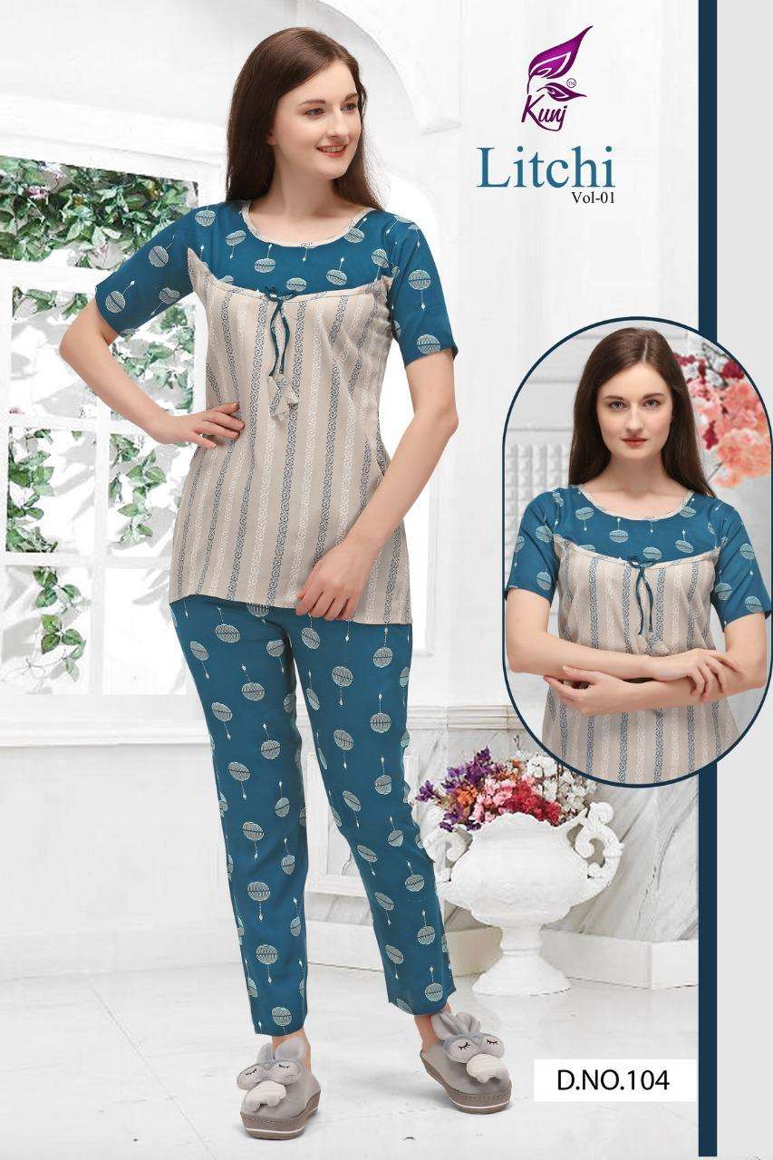 LITCHI VOL-1 BY KUNJ 101 TO 108 SERIES DESIGNER STYLISH FANCY COLORFUL BEAUTIFUL PARTY WEAR & ETHNIC WEAR COLLECTION RAYON PRINT TOPS WITH BOTTOM AT WHOLESALE PRICE