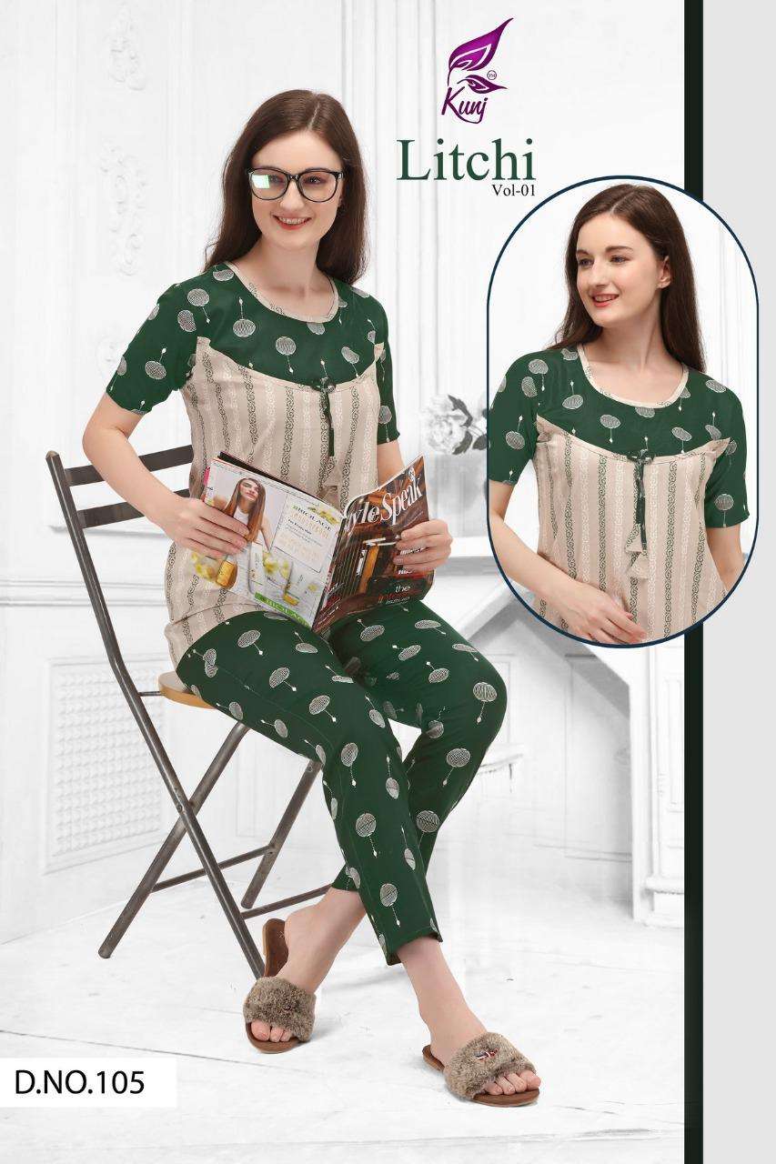 LITCHI VOL-1 BY KUNJ 101 TO 108 SERIES DESIGNER STYLISH FANCY COLORFUL BEAUTIFUL PARTY WEAR & ETHNIC WEAR COLLECTION RAYON PRINT TOPS WITH BOTTOM AT WHOLESALE PRICE