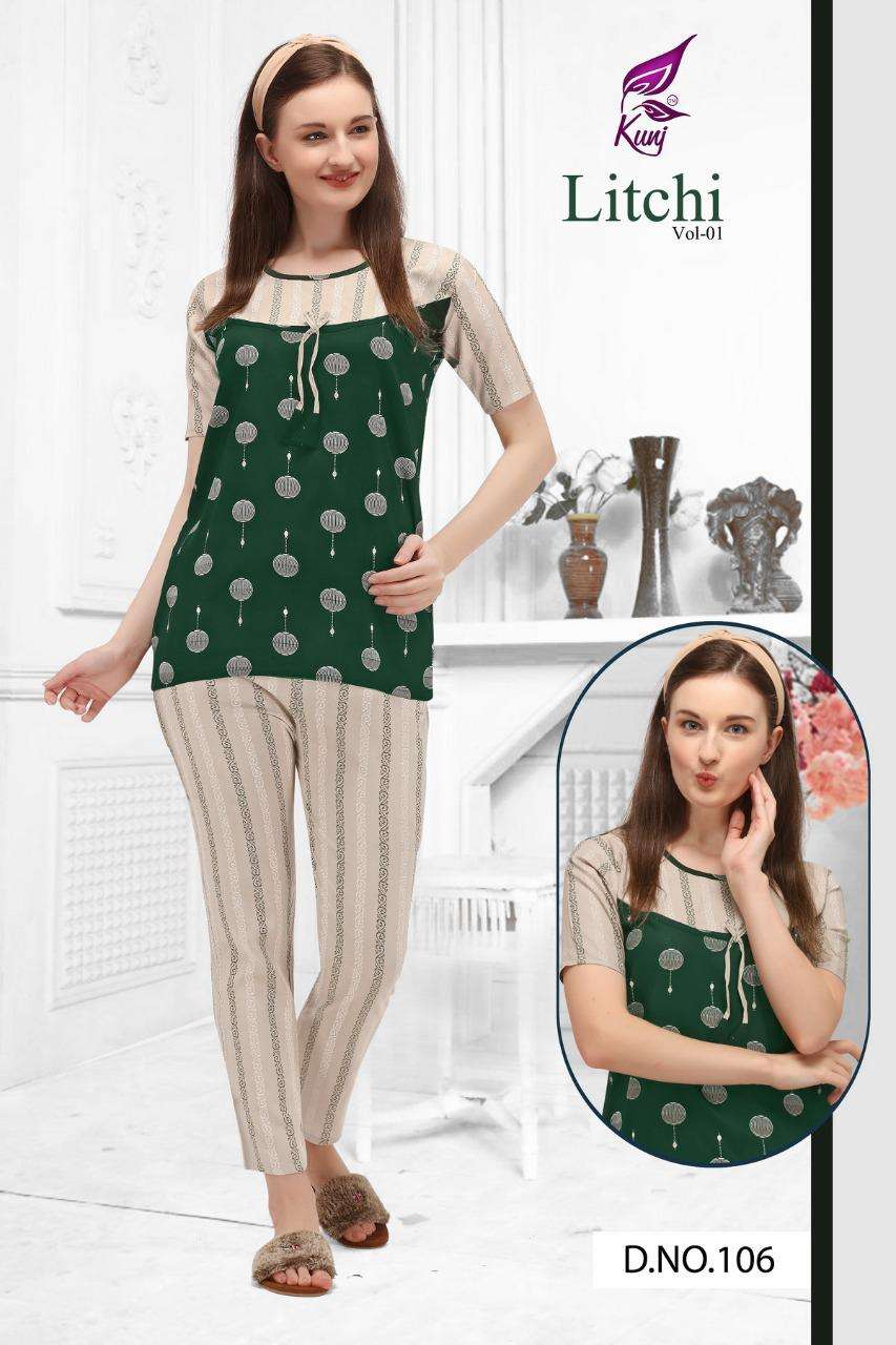 LITCHI VOL-1 BY KUNJ 101 TO 108 SERIES DESIGNER STYLISH FANCY COLORFUL BEAUTIFUL PARTY WEAR & ETHNIC WEAR COLLECTION RAYON PRINT TOPS WITH BOTTOM AT WHOLESALE PRICE