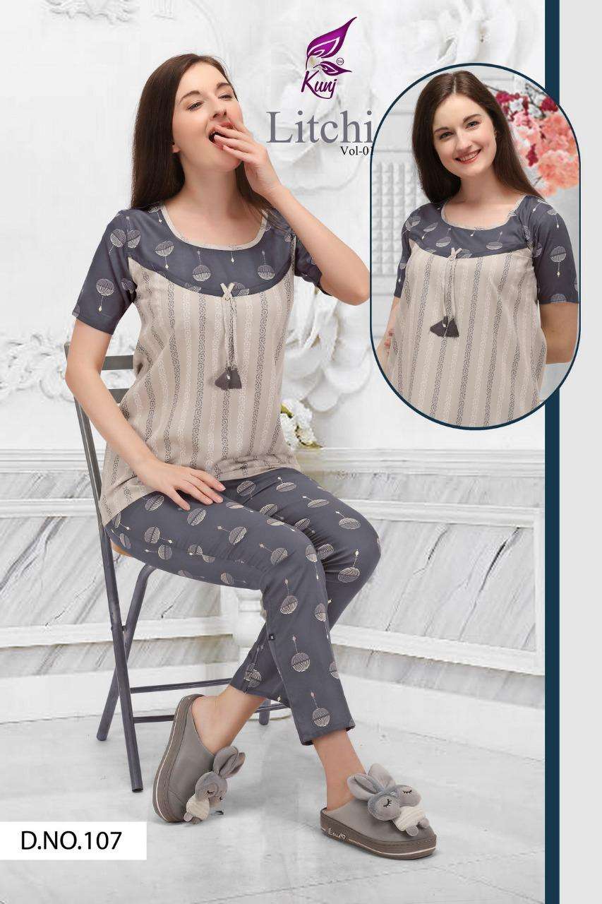 LITCHI VOL-1 BY KUNJ 101 TO 108 SERIES DESIGNER STYLISH FANCY COLORFUL BEAUTIFUL PARTY WEAR & ETHNIC WEAR COLLECTION RAYON PRINT TOPS WITH BOTTOM AT WHOLESALE PRICE