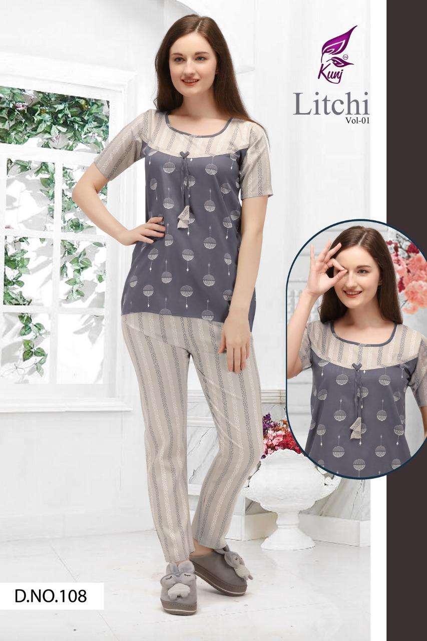 LITCHI VOL-1 BY KUNJ 101 TO 108 SERIES DESIGNER STYLISH FANCY COLORFUL BEAUTIFUL PARTY WEAR & ETHNIC WEAR COLLECTION RAYON PRINT TOPS WITH BOTTOM AT WHOLESALE PRICE