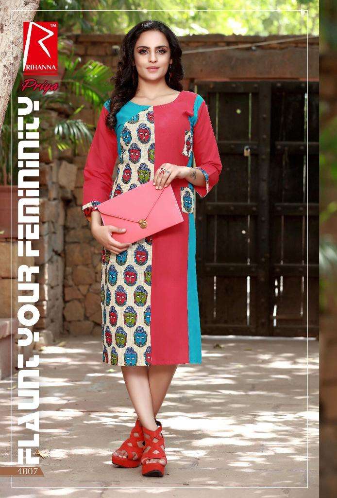 PRIYA BY RIHANNA 1001 TO 1010 SERIES DESIGNER STYLISH FANCY COLORFUL BEAUTIFUL PARTY WEAR & ETHNIC WEAR COLLECTION COTTON PRINT KURTIS AT WHOLESALE PRICE