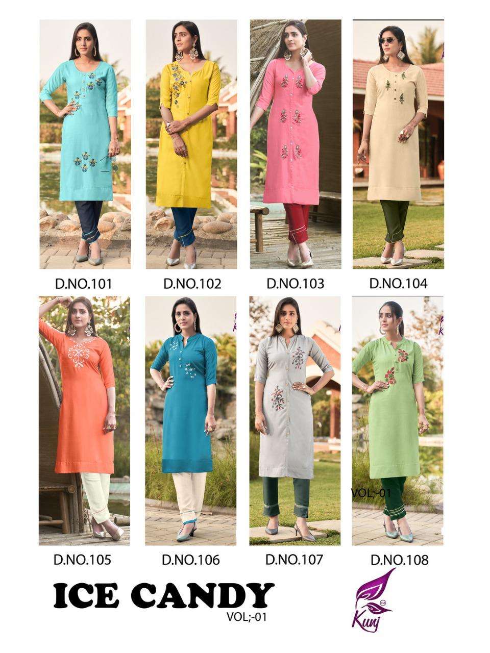 ICE CANDY VOL-1 BY KUNJ 101 TO 108 SERIES DESIGNER STYLISH FANCY COLORFUL BEAUTIFUL PARTY WEAR & ETHNIC WEAR COLLECTION RAYON SLUB KURTIS WITH BOTTOM AT WHOLESALE PRICE