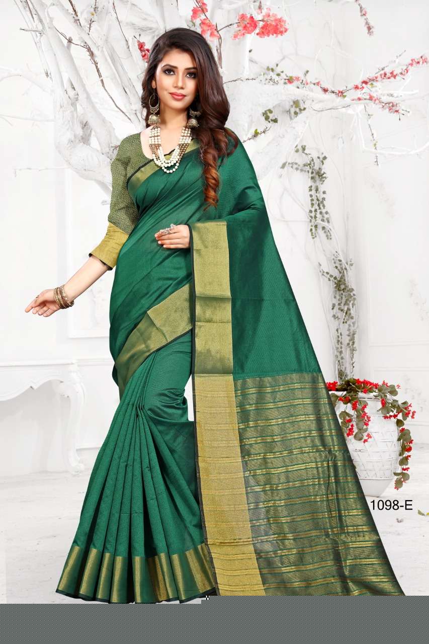 1098 BY SHREE MATARAM 1098-A TO 1098-X SERIES INDIAN TRADITIONAL WEAR COLLECTION BEAUTIFUL STYLISH FANCY COLORFUL PARTY WEAR & OCCASIONAL WEAR COTTON SILK SAREES AT WHOLESALE PRICE