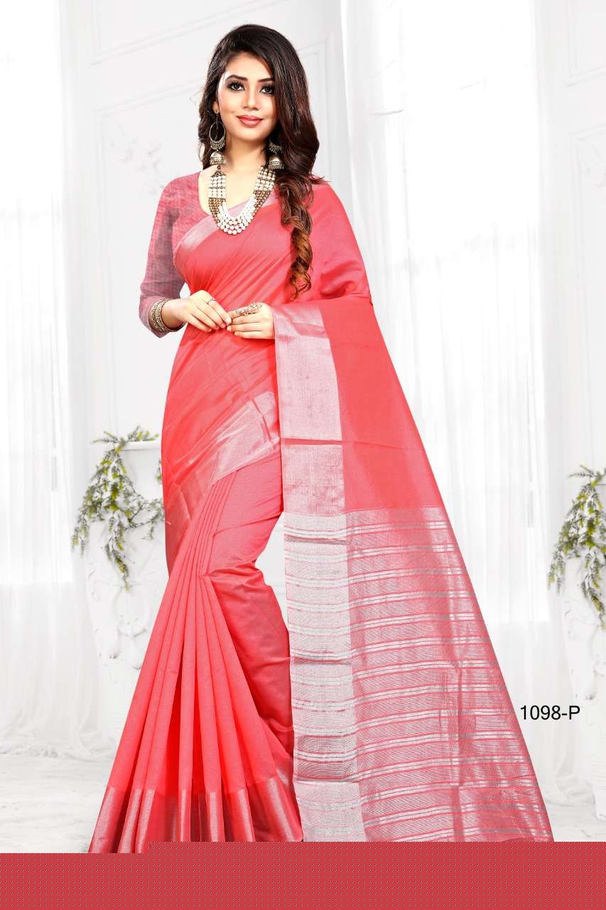 1098 BY SHREE MATARAM 1098-A TO 1098-X SERIES INDIAN TRADITIONAL WEAR COLLECTION BEAUTIFUL STYLISH FANCY COLORFUL PARTY WEAR & OCCASIONAL WEAR COTTON SILK SAREES AT WHOLESALE PRICE