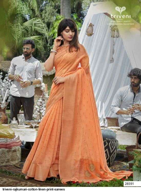 RAJKUMARI BY TRIVENI 28591 TO 28598 SERIES INDIAN TRADITIONAL WEAR COLLECTION BEAUTIFUL STYLISH FANCY COLORFUL PARTY WEAR & OCCASIONAL WEAR LINEN PRINT SAREES AT WHOLESALE PRICE