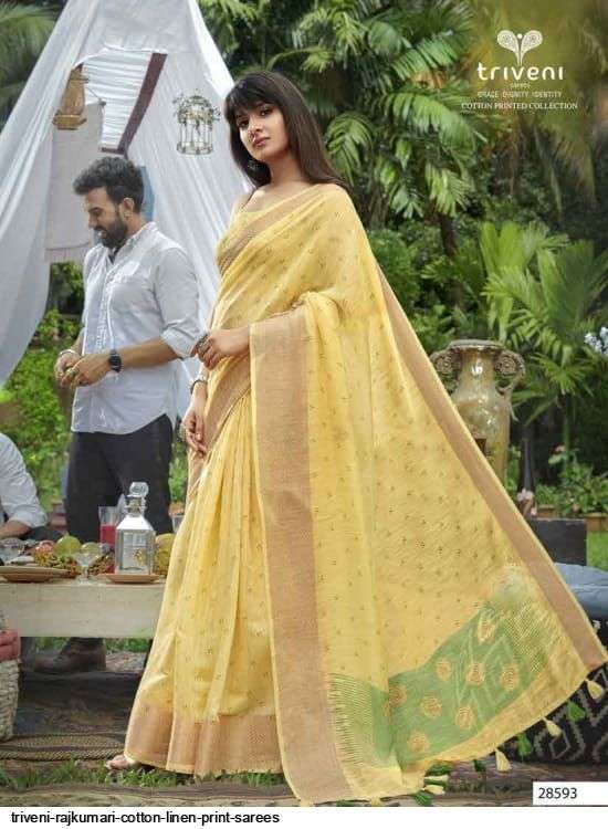 RAJKUMARI BY TRIVENI 28591 TO 28598 SERIES INDIAN TRADITIONAL WEAR COLLECTION BEAUTIFUL STYLISH FANCY COLORFUL PARTY WEAR & OCCASIONAL WEAR LINEN PRINT SAREES AT WHOLESALE PRICE