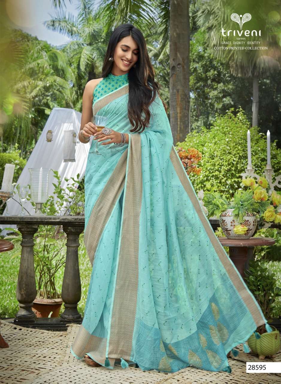 RAJKUMARI BY TRIVENI 28591 TO 28598 SERIES INDIAN TRADITIONAL WEAR COLLECTION BEAUTIFUL STYLISH FANCY COLORFUL PARTY WEAR & OCCASIONAL WEAR LINEN PRINT SAREES AT WHOLESALE PRICE