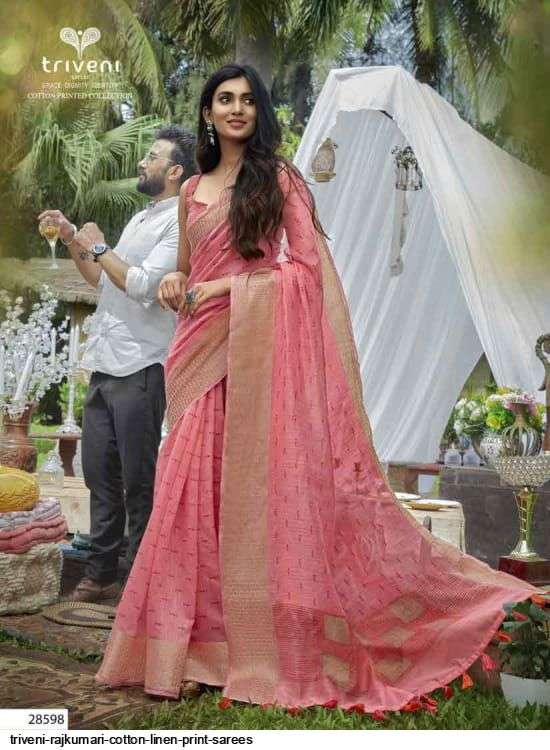 RAJKUMARI BY TRIVENI 28591 TO 28598 SERIES INDIAN TRADITIONAL WEAR COLLECTION BEAUTIFUL STYLISH FANCY COLORFUL PARTY WEAR & OCCASIONAL WEAR LINEN PRINT SAREES AT WHOLESALE PRICE