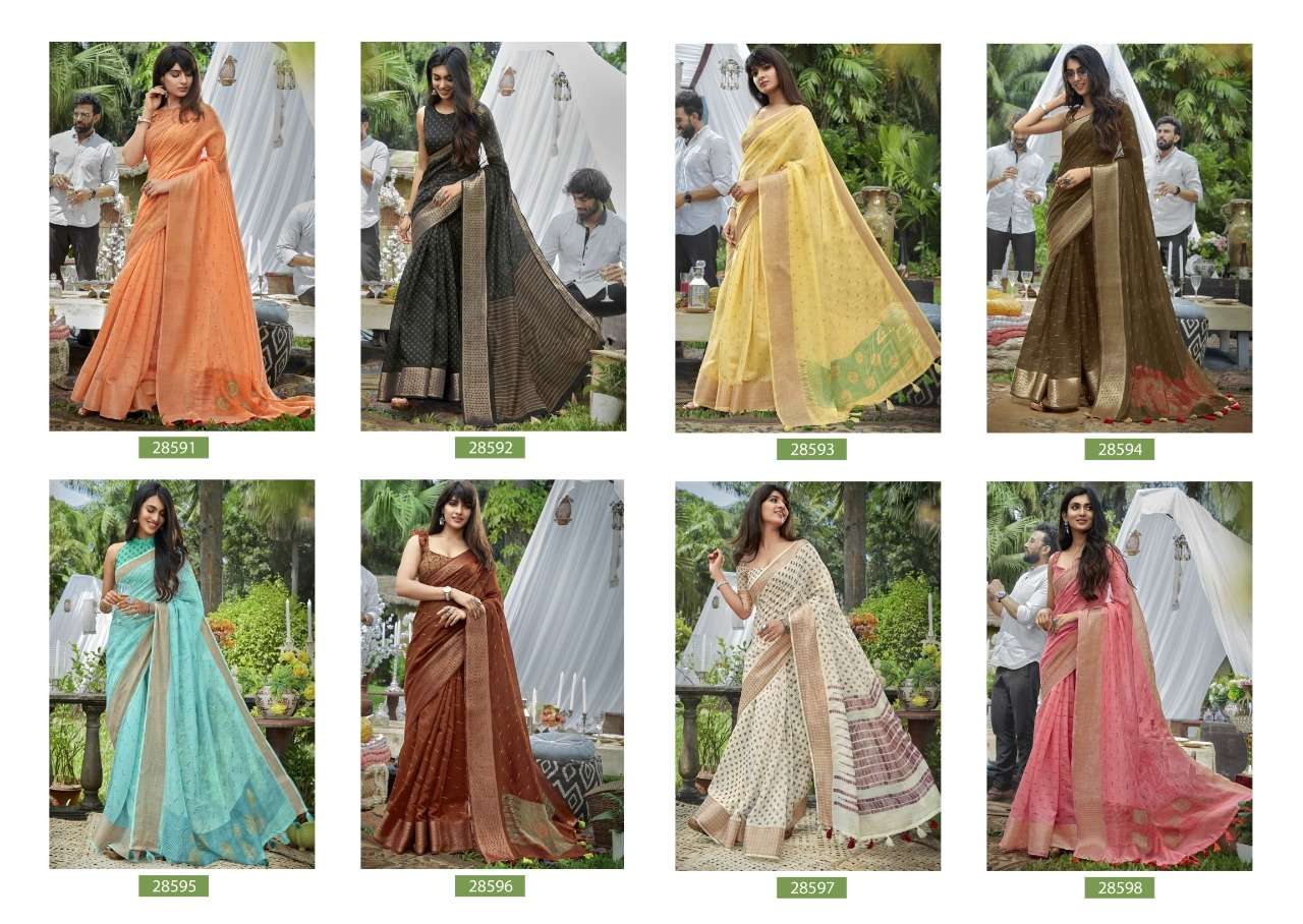 RAJKUMARI BY TRIVENI 28591 TO 28598 SERIES INDIAN TRADITIONAL WEAR COLLECTION BEAUTIFUL STYLISH FANCY COLORFUL PARTY WEAR & OCCASIONAL WEAR LINEN PRINT SAREES AT WHOLESALE PRICE