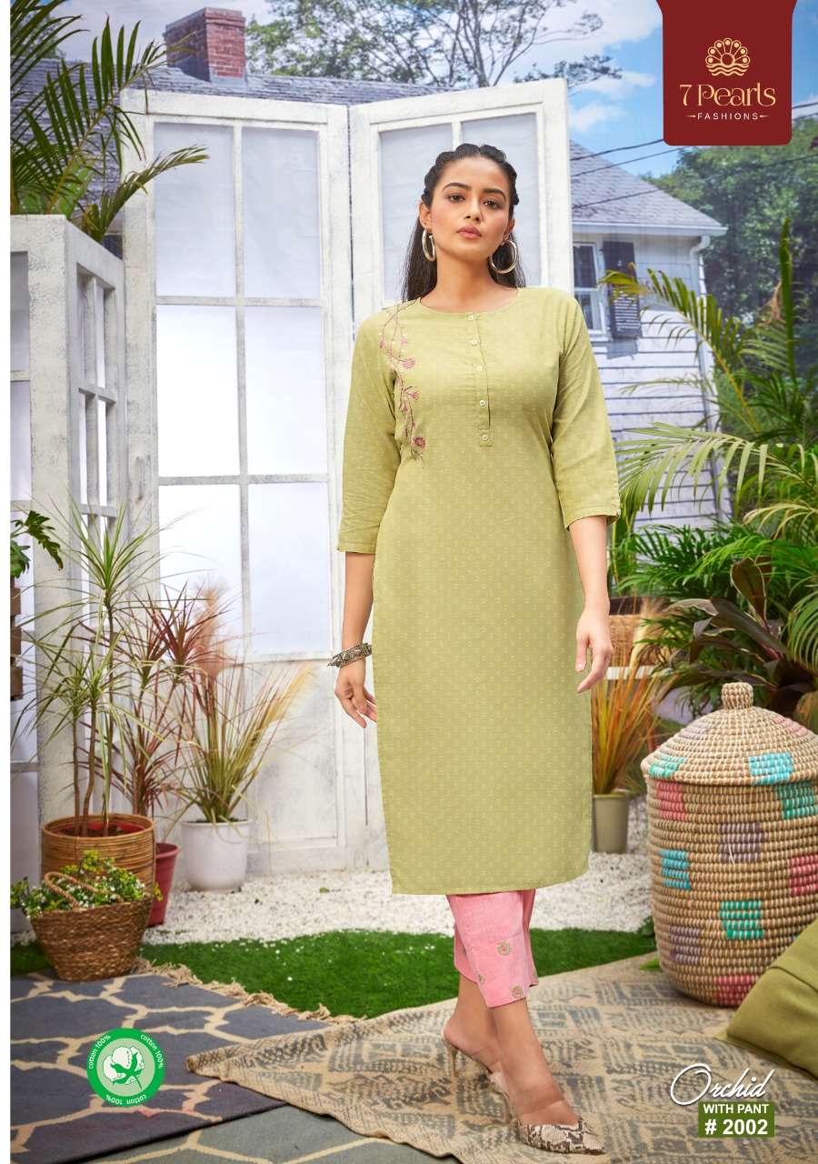ORCHID BY 7 PEARLS 2001 TO 2006 SERIES DESIGNER STYLISH FANCY COLORFUL BEAUTIFUL PARTY WEAR & ETHNIC WEAR COLLECTION PURE COTTON EMBROIDERY KURTIS WITH BOTTOM AT WHOLESALE PRICE