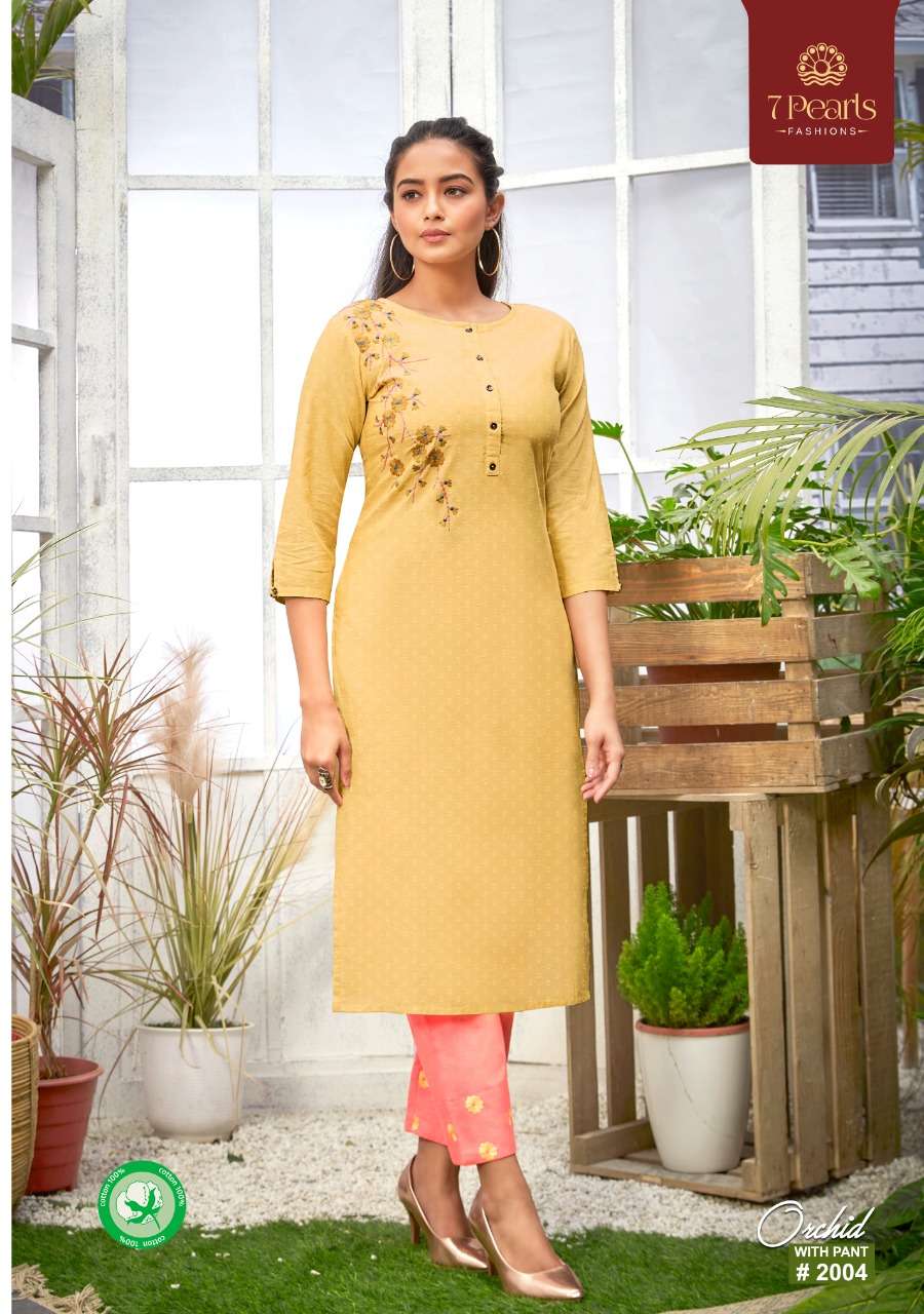 ORCHID BY 7 PEARLS 2001 TO 2006 SERIES DESIGNER STYLISH FANCY COLORFUL BEAUTIFUL PARTY WEAR & ETHNIC WEAR COLLECTION PURE COTTON EMBROIDERY KURTIS WITH BOTTOM AT WHOLESALE PRICE
