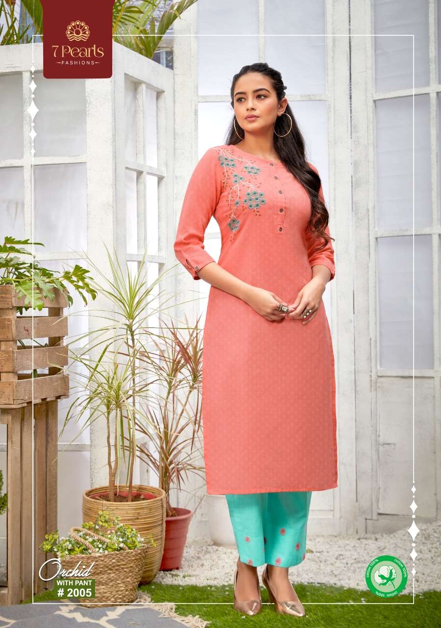 ORCHID BY 7 PEARLS 2001 TO 2006 SERIES DESIGNER STYLISH FANCY COLORFUL BEAUTIFUL PARTY WEAR & ETHNIC WEAR COLLECTION PURE COTTON EMBROIDERY KURTIS WITH BOTTOM AT WHOLESALE PRICE