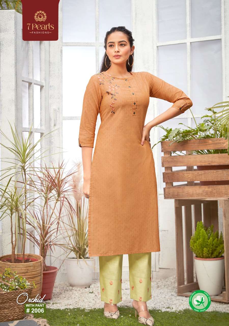 ORCHID BY 7 PEARLS 2001 TO 2006 SERIES DESIGNER STYLISH FANCY COLORFUL BEAUTIFUL PARTY WEAR & ETHNIC WEAR COLLECTION PURE COTTON EMBROIDERY KURTIS WITH BOTTOM AT WHOLESALE PRICE