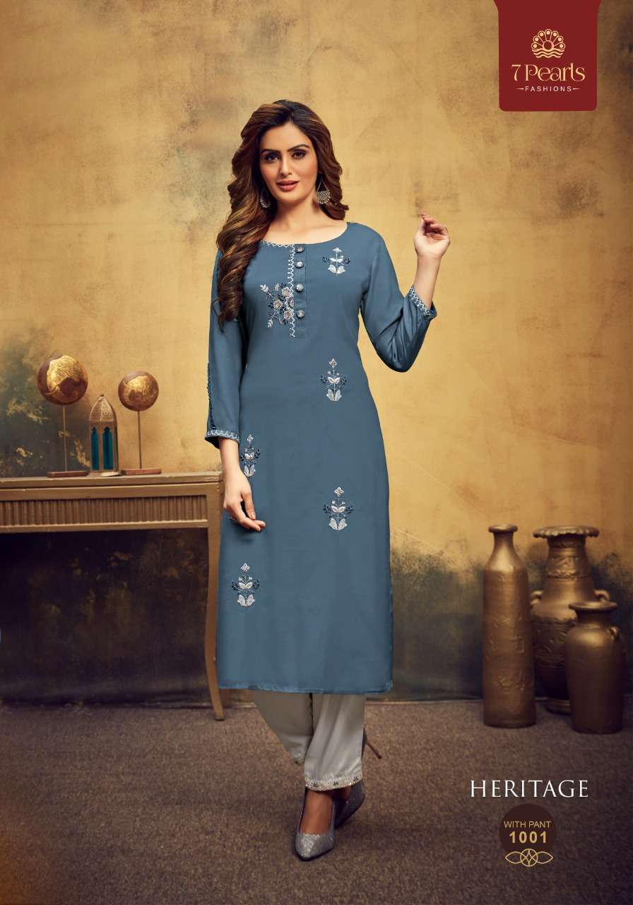 HERITAGE BY 7 PEARLS 1001 TO 1004 SERIES DESIGNER STYLISH FANCY COLORFUL BEAUTIFUL PARTY WEAR & ETHNIC WEAR COLLECTION VISCOSE EMBROIDERY KURTIS WITH BOTTOM AT WHOLESALE PRICE