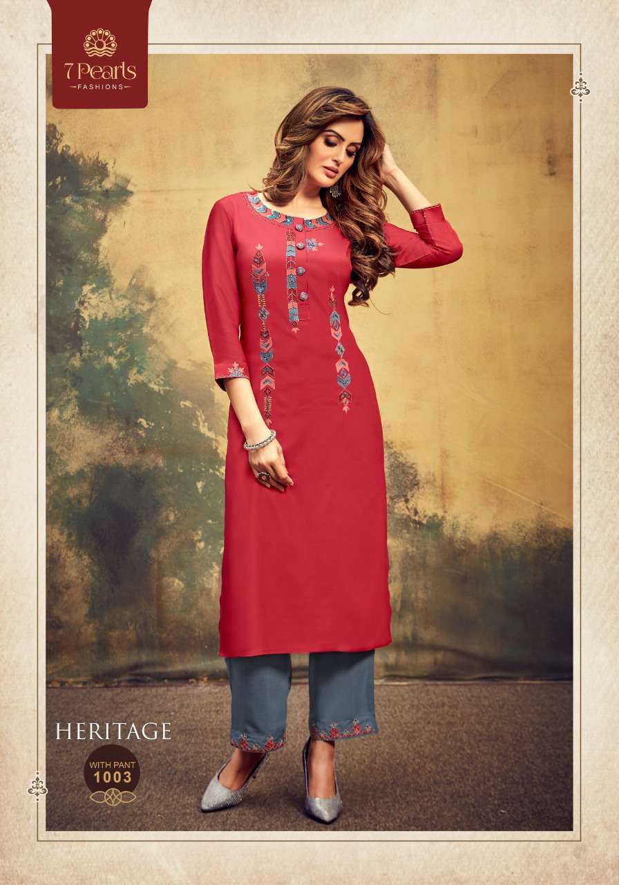HERITAGE BY 7 PEARLS 1001 TO 1004 SERIES DESIGNER STYLISH FANCY COLORFUL BEAUTIFUL PARTY WEAR & ETHNIC WEAR COLLECTION VISCOSE EMBROIDERY KURTIS WITH BOTTOM AT WHOLESALE PRICE