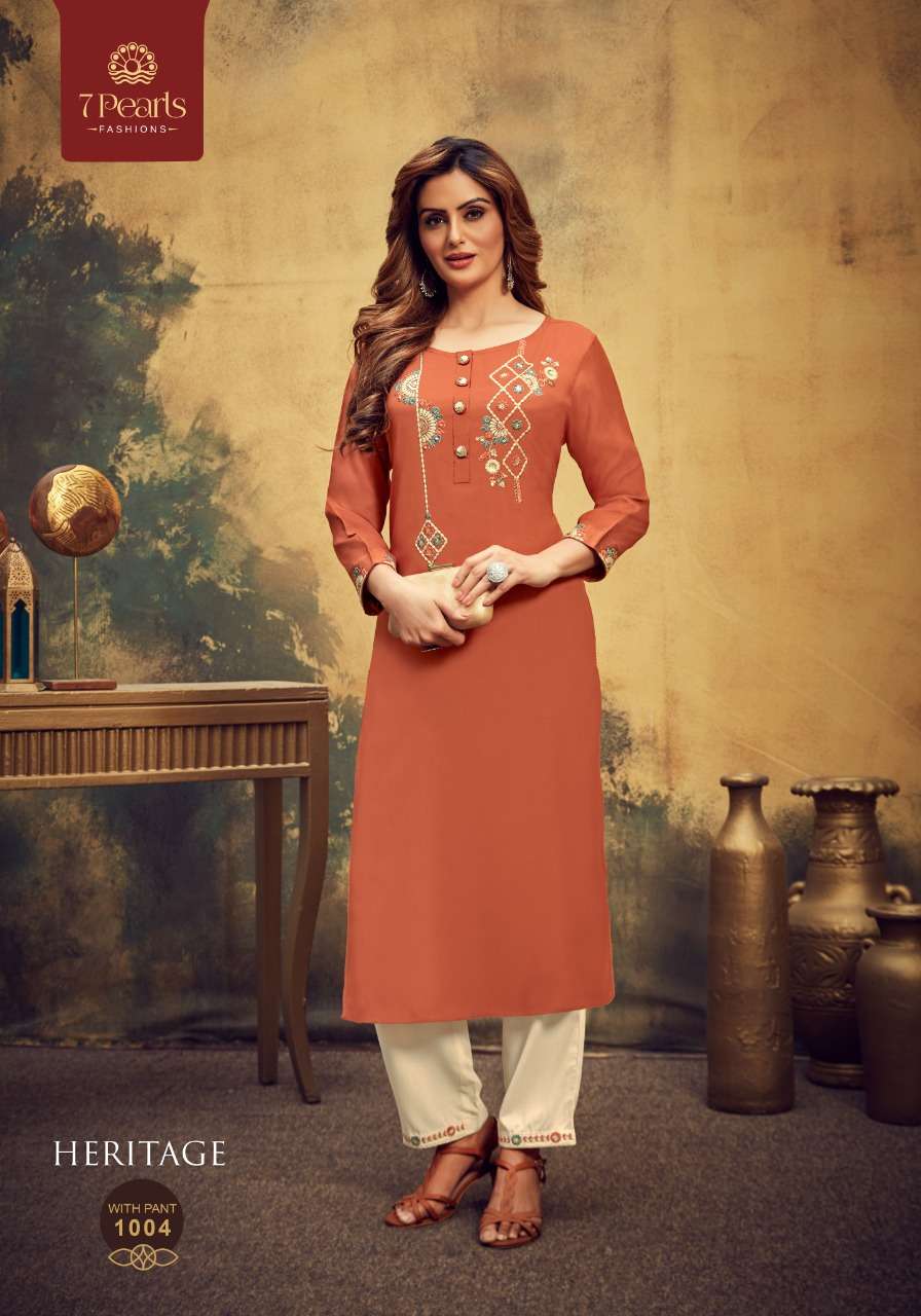 HERITAGE BY 7 PEARLS 1001 TO 1004 SERIES DESIGNER STYLISH FANCY COLORFUL BEAUTIFUL PARTY WEAR & ETHNIC WEAR COLLECTION VISCOSE EMBROIDERY KURTIS WITH BOTTOM AT WHOLESALE PRICE