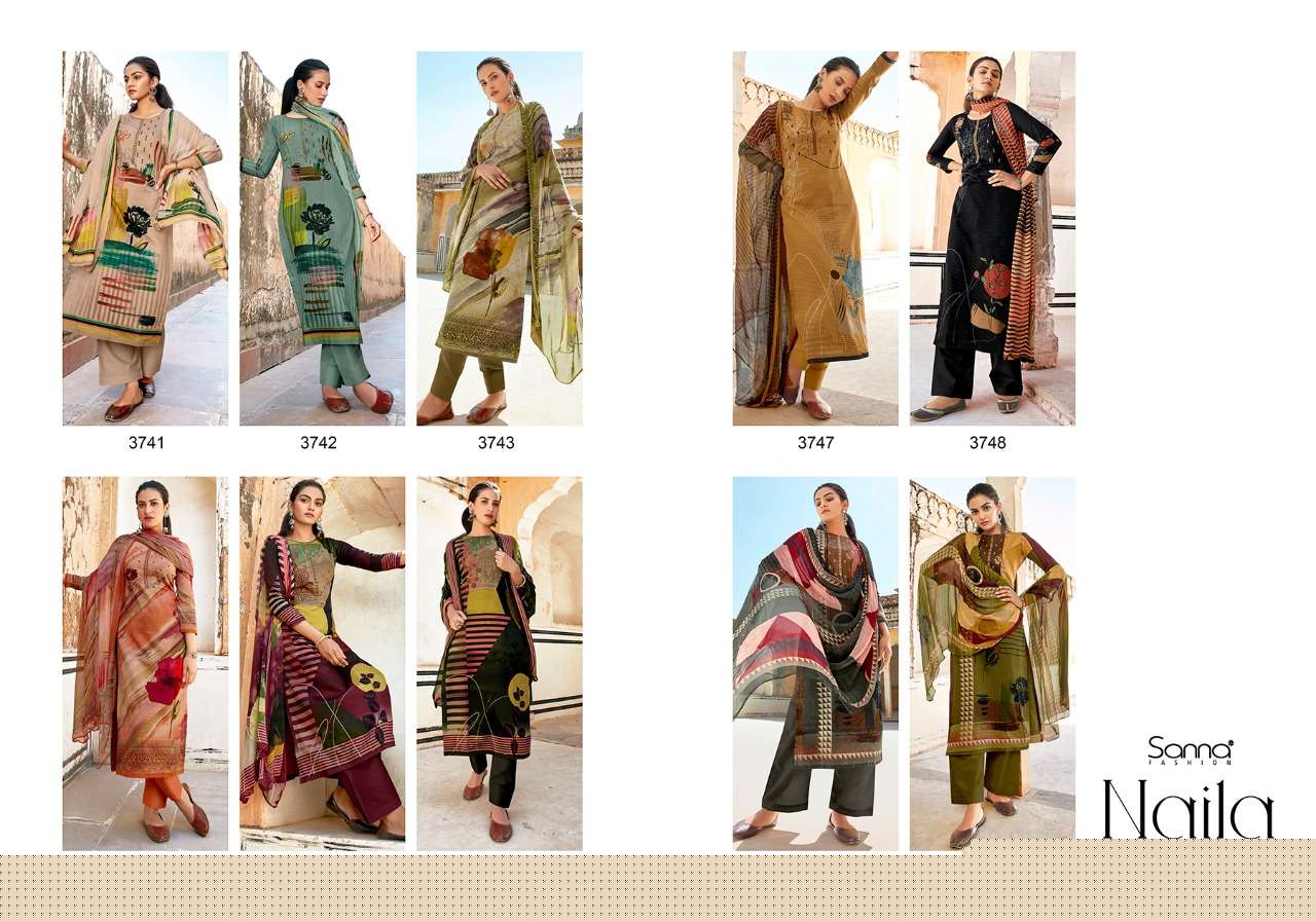 NAILA BY SANNA FASHION 3741 TO 3750 SERIES BEAUTIFUL SUITS COLORFUL STYLISH FANCY CASUAL WEAR & ETHNIC WEAR PURE JAM SILK PRINT WITH WORK DRESSES AT WHOLESALE PRICE