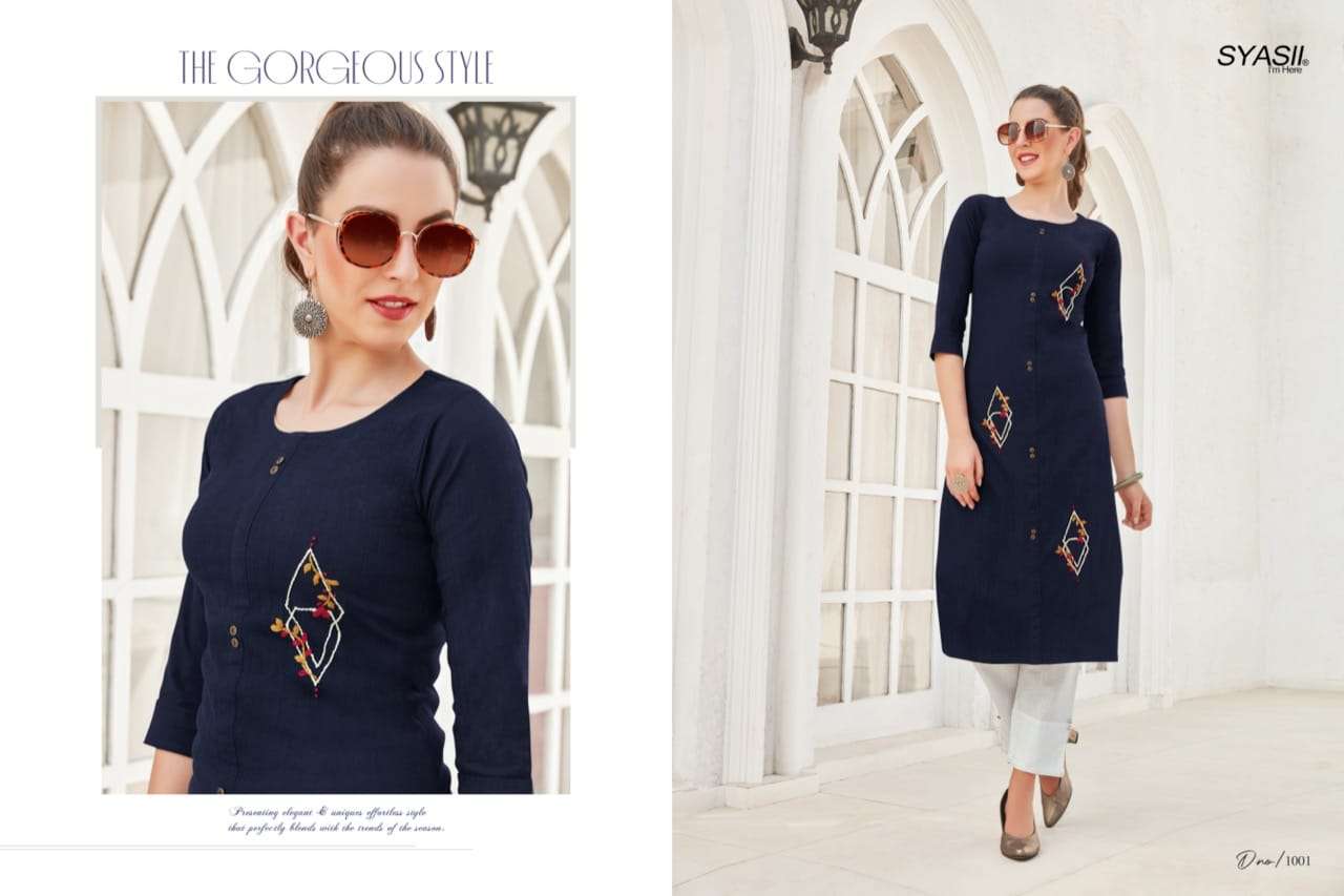 ANCY BY SYASII 1001 TO 1006 SERIES DESIGNER STYLISH FANCY COLORFUL BEAUTIFUL PARTY WEAR & ETHNIC WEAR COLLECTION RAYON SLUB LYCRA KURTIS AT WHOLESALE PRICE